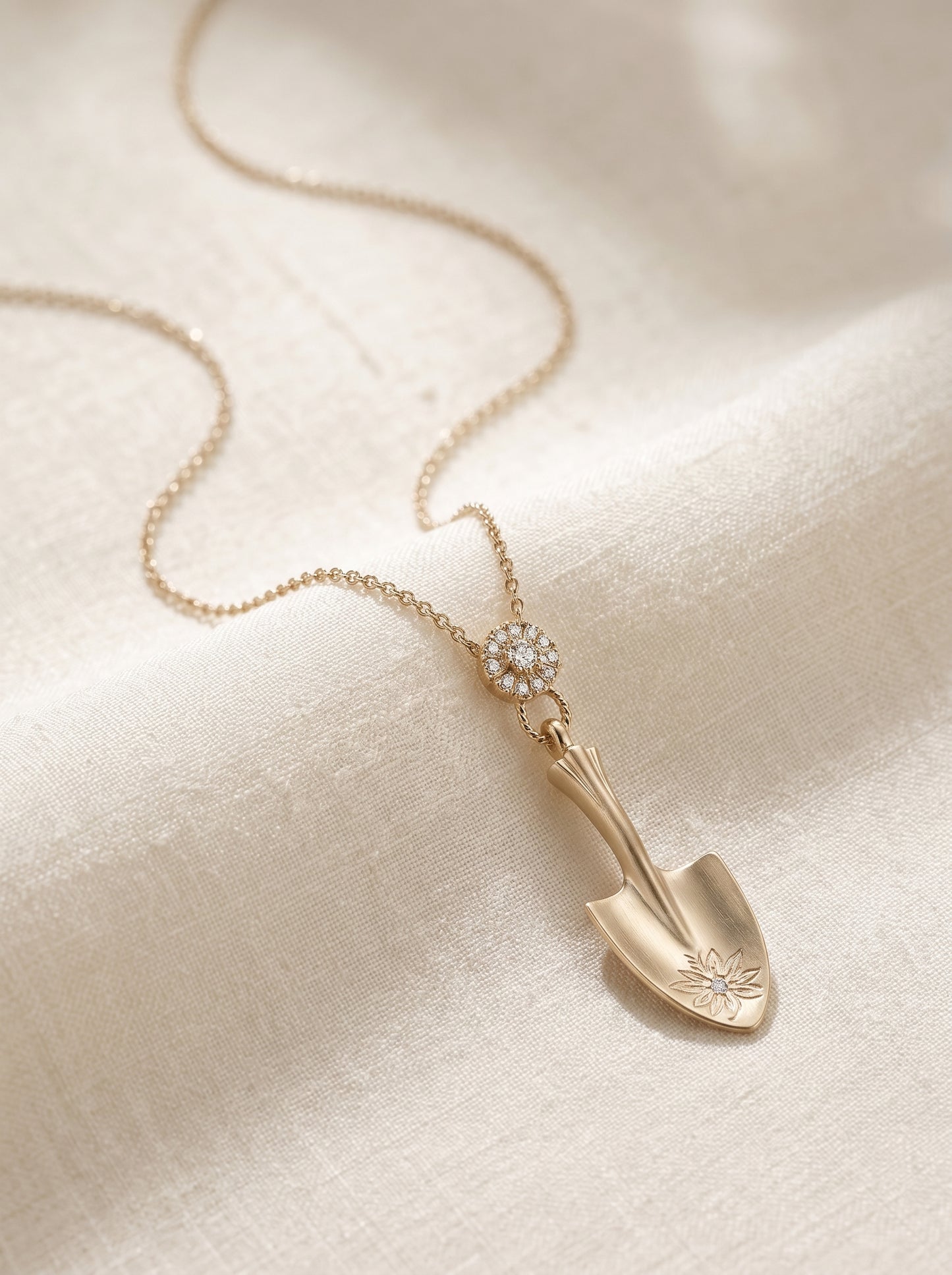 Dual Size Garden Trowel Daisy Pendant Necklace For Women Light Titanium Gold Plated Copper Zircon Nature Gardener Jewelry Mini Short Chain & Oversized Extra Long Sweater Chain Two Options   LUNA-X270