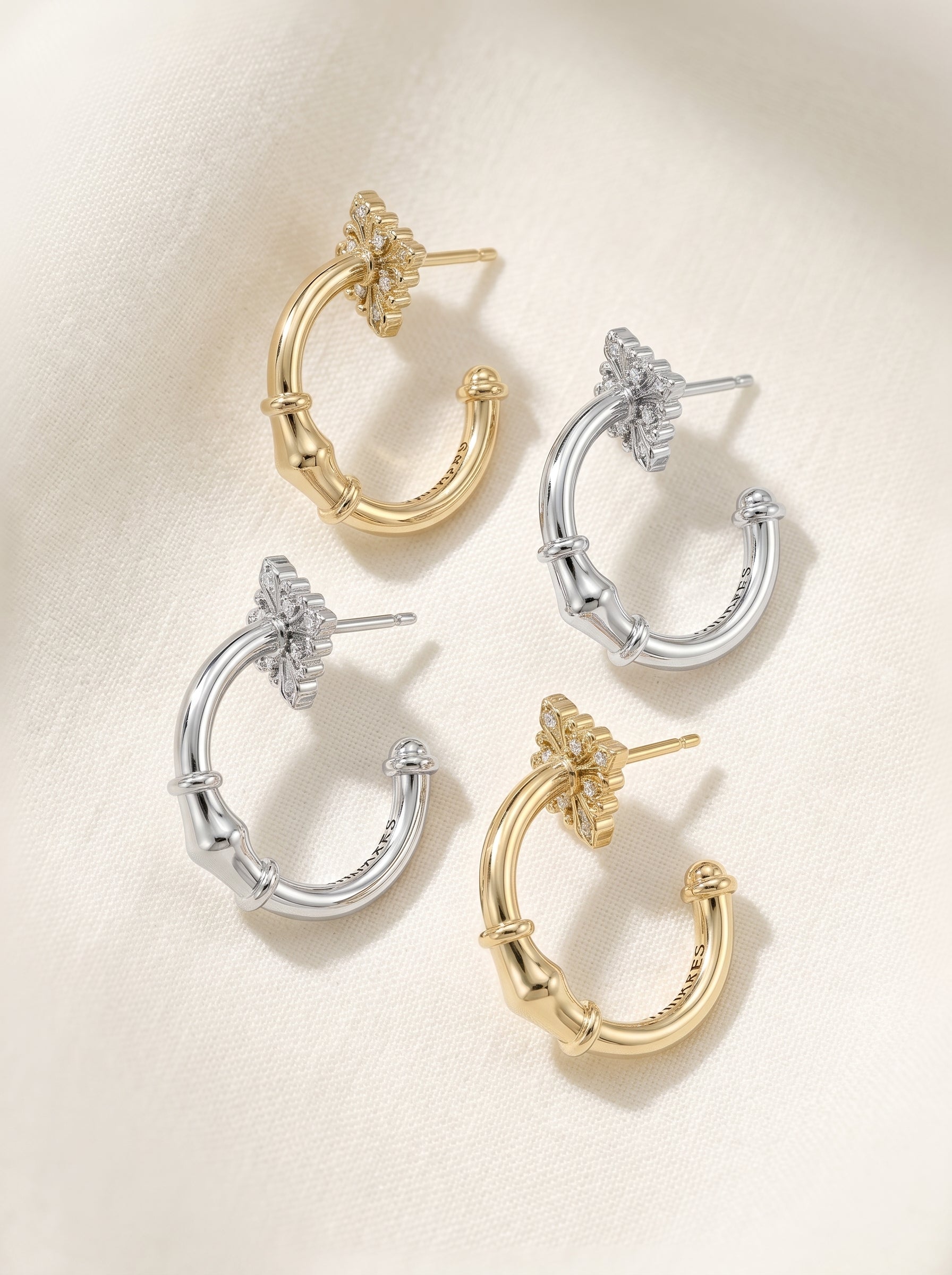 Women's French Iris Bamboo Textured C Hoop Earrings, Copper Silver Tone Plated Posts, Four-Point Star Zircon Accents, Two-Tone Light Titanium Gold & Silver, Dainty Vintage Daily Wear Jewelry, LUNA-X271