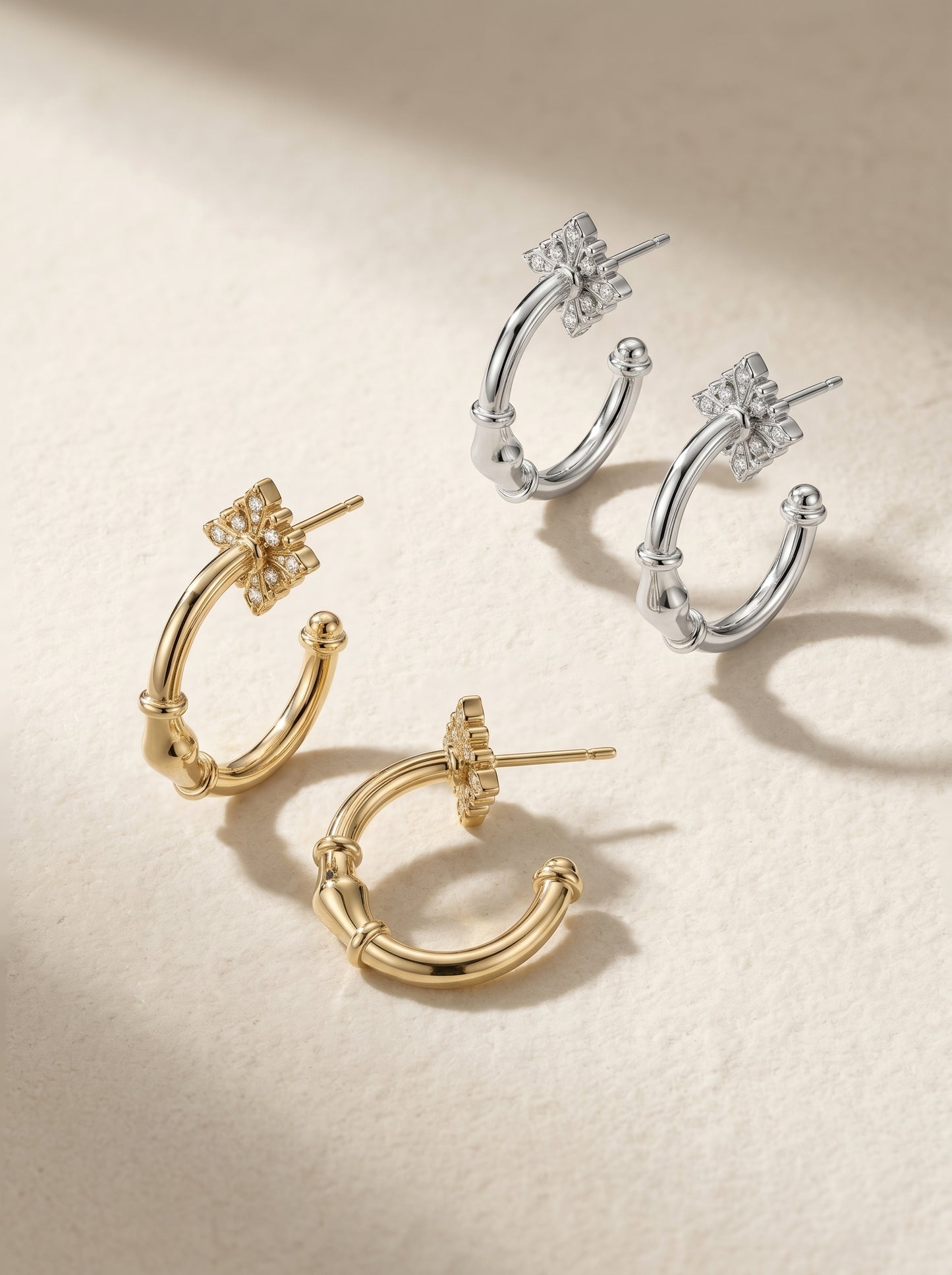 French Iris Bamboo Textured C Hoop Earrings For Women S925 Silver Post Zircon Four Point Star Detail Two Tone Silver Light Titanium Gold Dainty Vintage Daily Jewelry  LUNA-X271