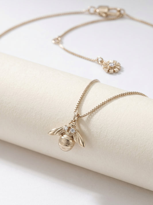 Dainty 3D Bee Pendant Necklace For Women Light Titanium Gold Plated Copper Zircon Eyes Adjustable Multi Extender Box Chain Minimalist Nature Insect Jewelry Gift  LUNA-X273