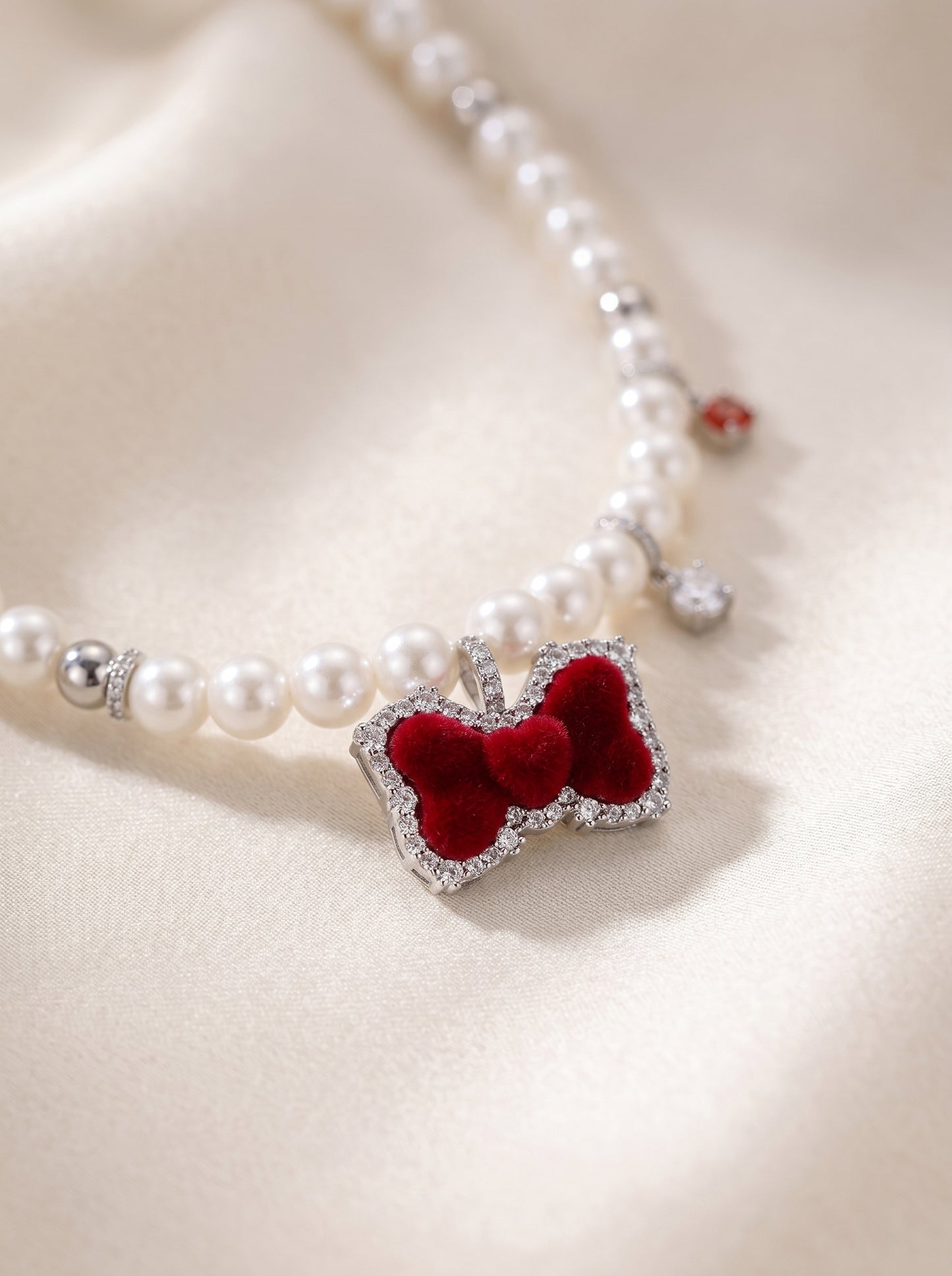 Red Velvet Bow Imitation Pearl Choker Necklace For Women Silver Plated Cubic Zirconia Dainty Crystal Drop Adjustable 42+5cm Chain Cute Sweet Lolita Party Statement Jewelry  LUNA-X275