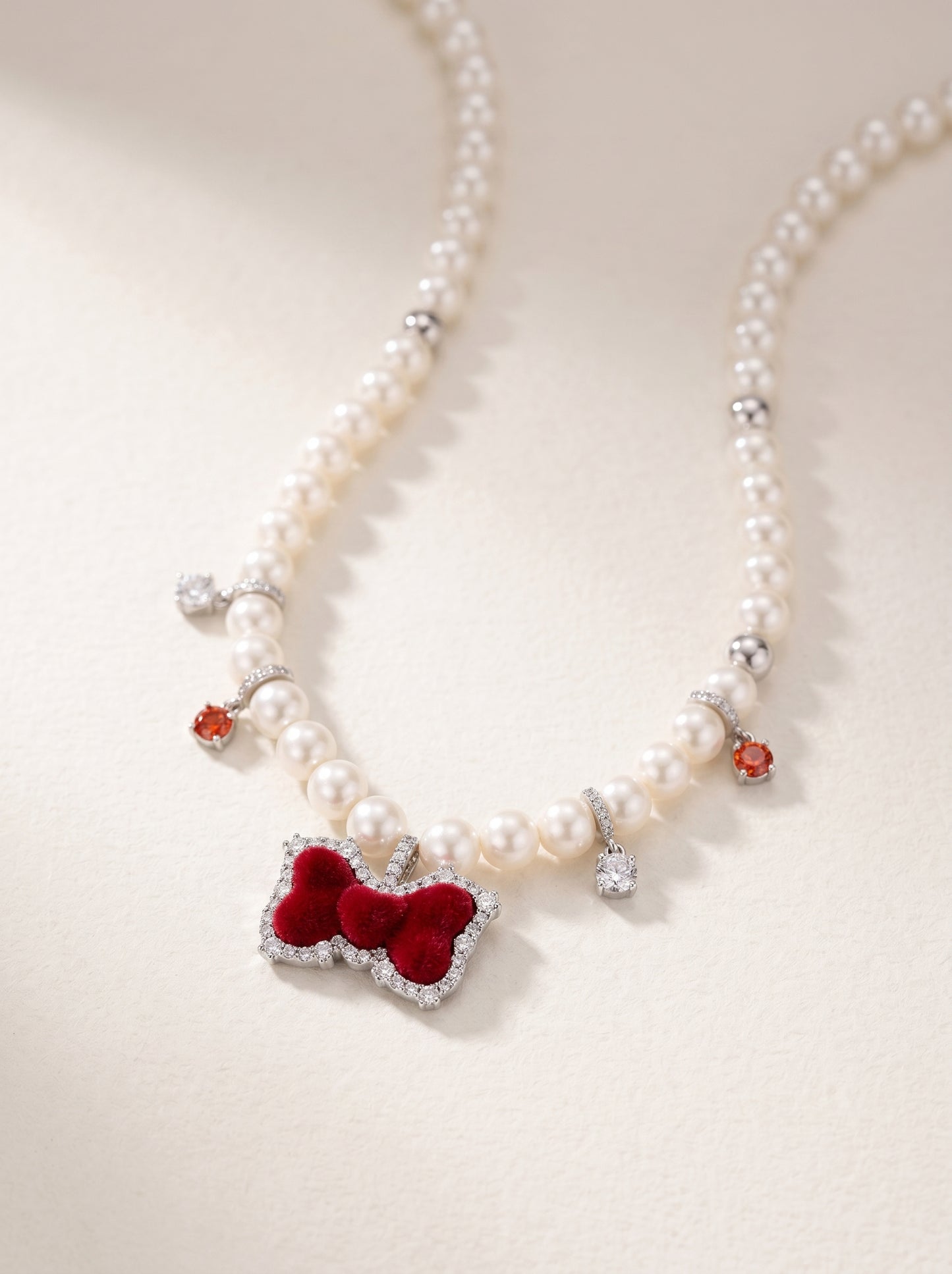 Red Velvet Bow Imitation Pearl Choker Necklace For Women Silver Plated Cubic Zirconia Dainty Crystal Drop Adjustable 42+5cm Chain Cute Sweet Lolita Party Statement Jewelry  LUNA-X275