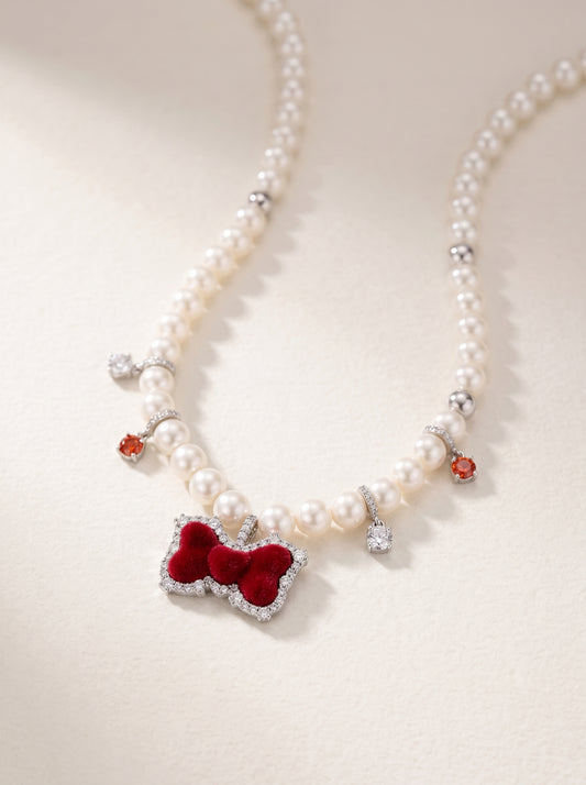 Red Velvet Bow Imitation Pearl Choker Necklace For Women Silver Plated Cubic Zirconia Dainty Crystal Drop Adjustable 42+5cm Chain Cute Sweet Lolita Party Statement Jewelry  LUNA-X275