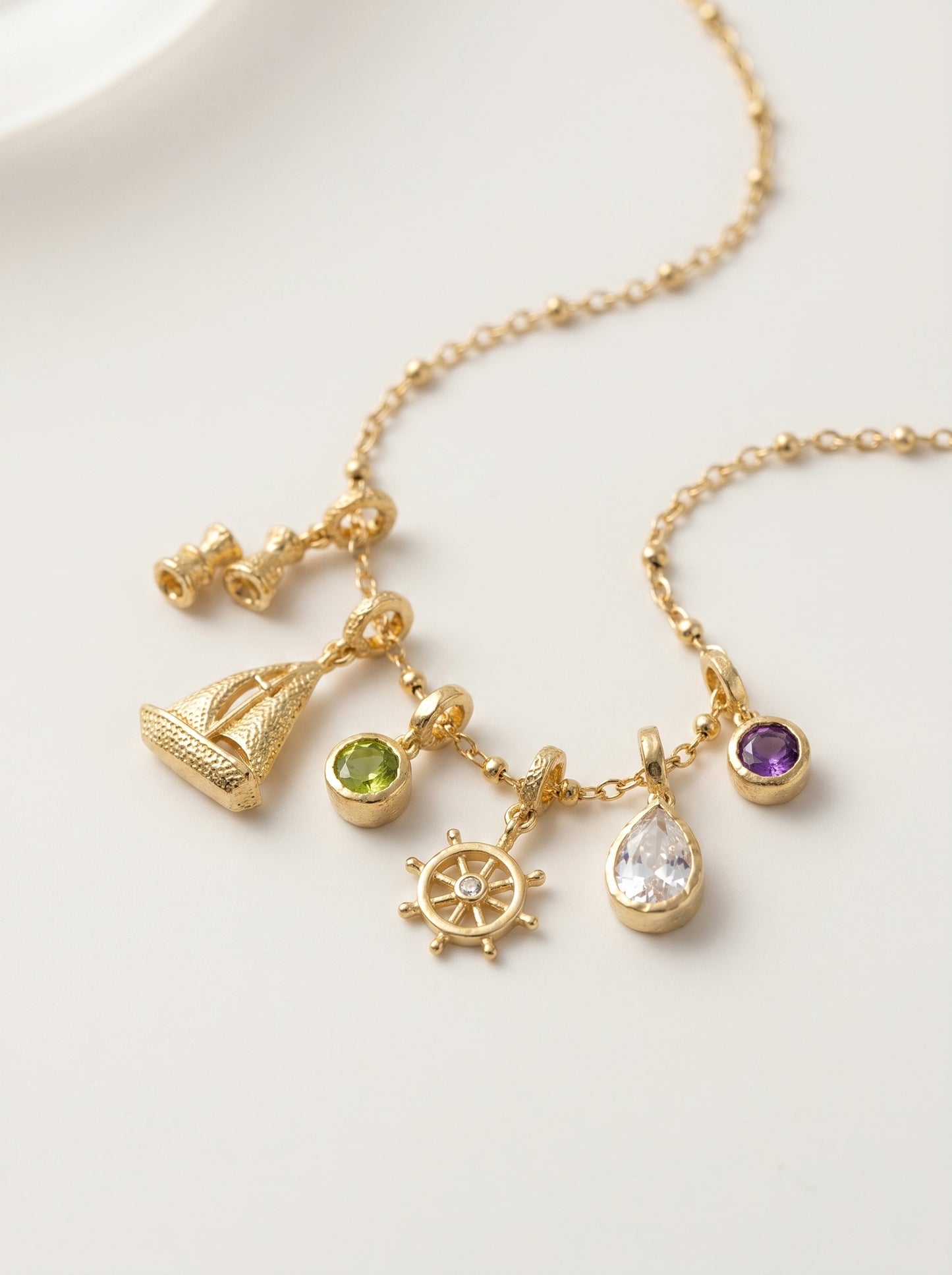 18K Gold Plated Nautical DIY Charm Necklace For Women Sold Separately Adjustable Thin Chain, 6 Detachable Pendants Sailboat Ship Wheel Telescope Teardrop Color Cubic Zirconia Custom Layering Ocean Travel Jewelry Gift LUNA-X280