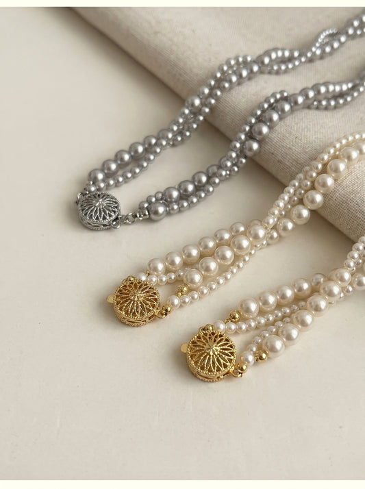 Two Tone Sunflower Clasp Mixed Size Imitation Pearl Necklace For Women 3mm+6mm Gradient Pearl 45cm Adjustable Gold Silver Clasp Cream Grey Australian White French Vintage Daily Jewelry Gift For Ladies   LUNA-X287