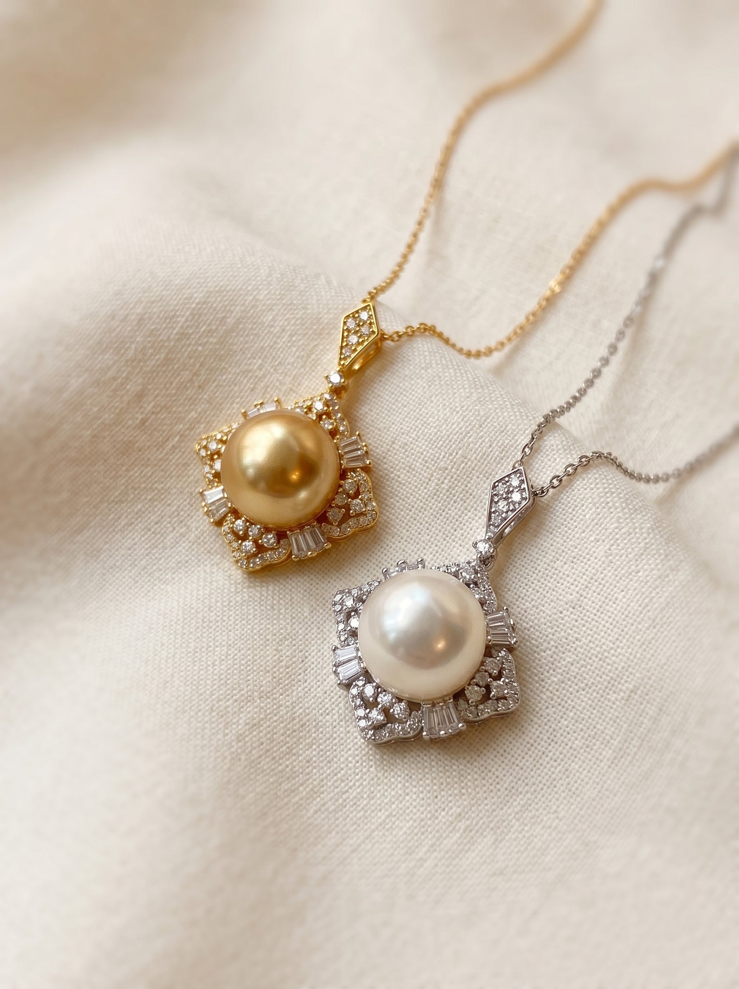 Square Halo Cubic Zirconia Pearl Pendant Necklace For Women Mother-of-Pearl South Sea Golden & Cool White Pearl Adjustable Chain With 5cm Extender Luxury Wedding Banquet Formal Jewelry Gift For Ladies Mom Bride  LUNA-X288
