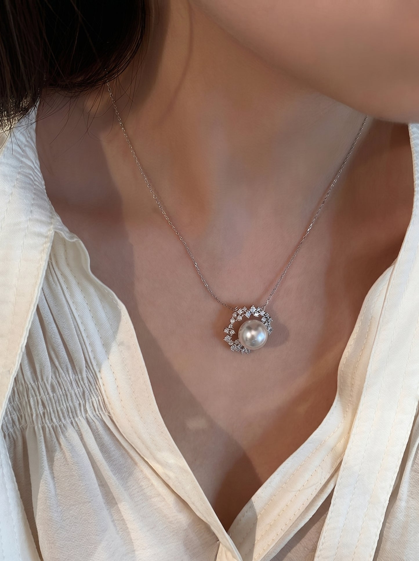 Elegant 12mm Australian White Pearl Wreath Halo Necklace for Women, Solid 925 Sterling Silver Sparkling Cubic Zirconia Pendant Adjustable 40+5cm Chain Bridal Wedding Fine Jewelry Gift  LUNA-X290