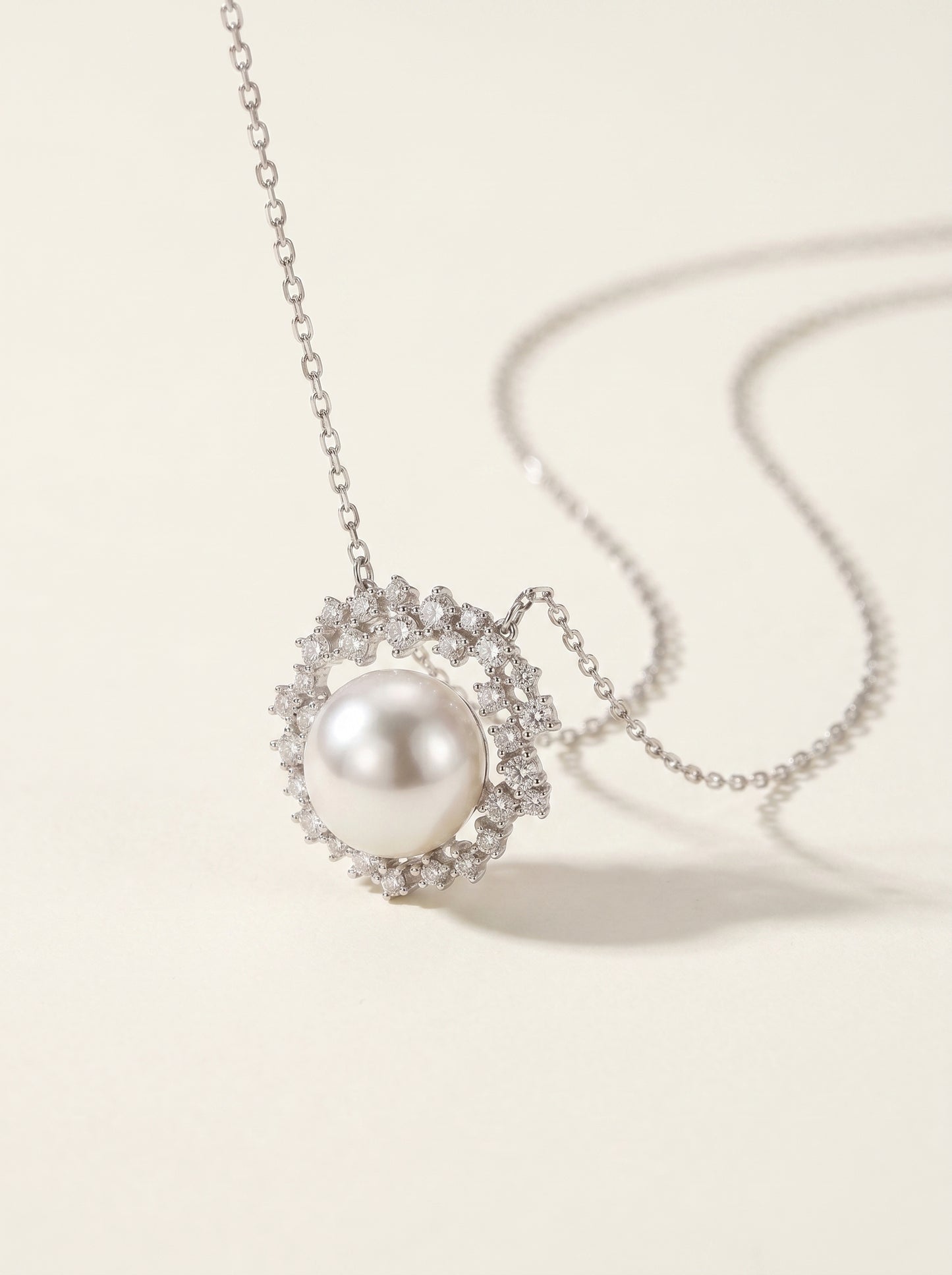 Elegant 12mm Australian White Pearl Wreath Halo Necklace for Women, Solid 925 Sterling Silver Sparkling Cubic Zirconia Pendant Adjustable 40+5cm Chain Bridal Wedding Fine Jewelry Gift  LUNA-X290