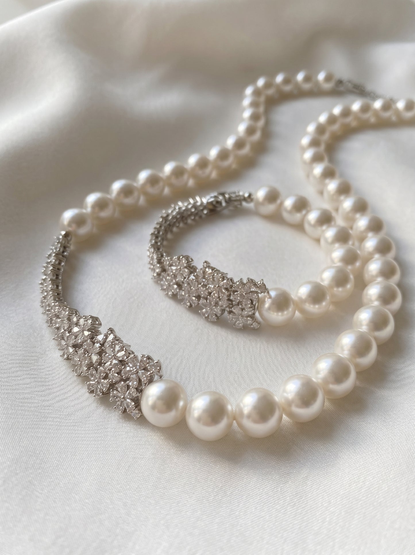 Bridal Floral Crystal Cluster Pearl Choker Necklace for Women, 10mm Cool Luster Australian White Round Pearl Collarbone Chain 43cm Formal Wedding Gala Statement Fine Jewelry Gift  LUNA-X291