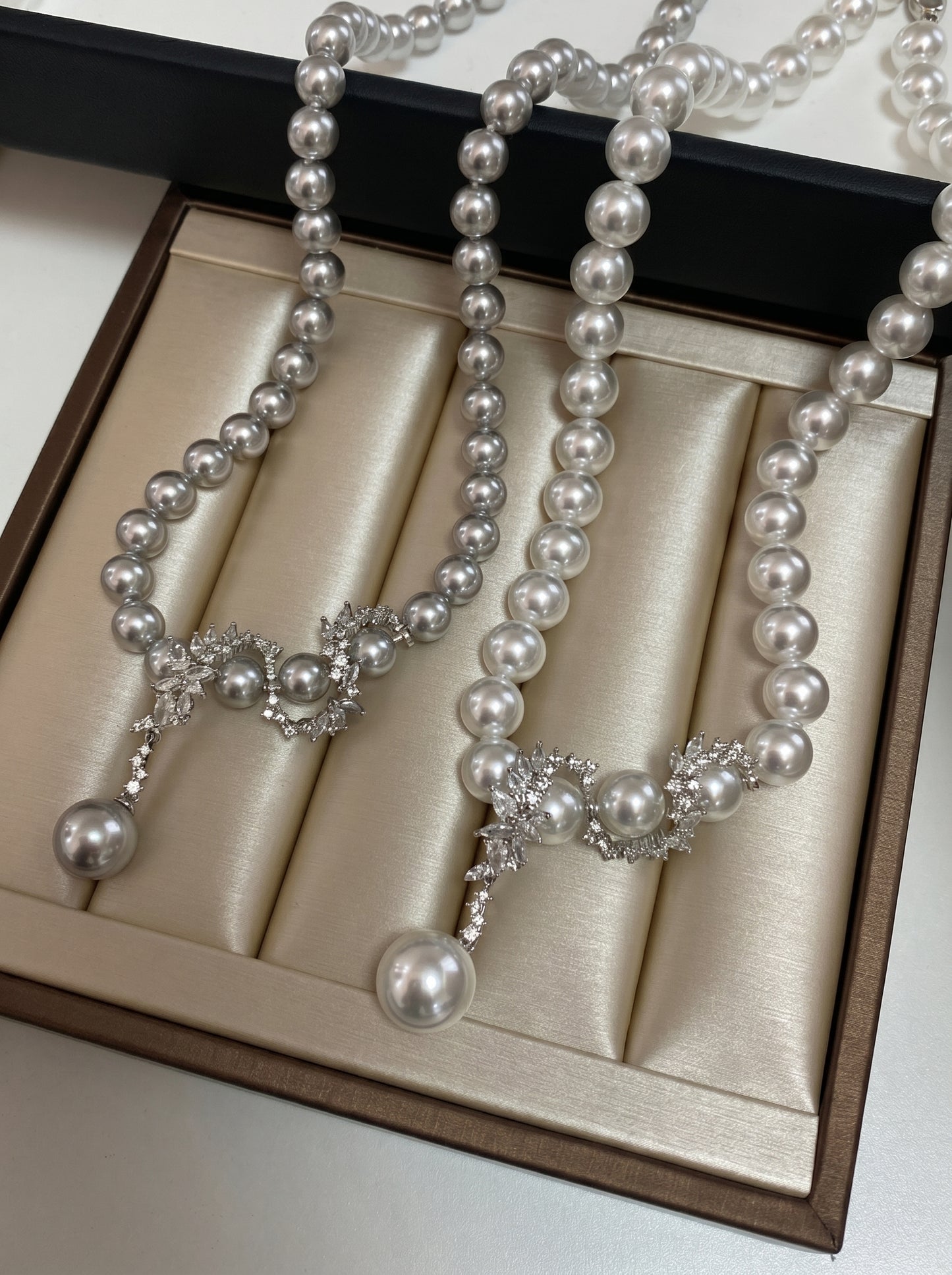 Y Drop Australian White Pearl Strand Necklace for Bridal Women, 8mm & 10mm Cool Luster Pearl with Floral Cubic Zirconia Accents 45cm Collarbone Chain Formal Wedding Evening Party Fine Jewelry Gift  LUNA-X292