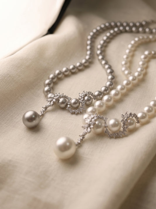 Y Drop Australian White Imitation Pearl Strand Necklace for Bridal Women, 8mm & 10mm Cool Luster Imitation Pearl with Floral Cubic Zirconia Accents, 45cm Collarbone Chain Formal Wedding Evening Party Fine Jewelry Gift LUNA-X292
