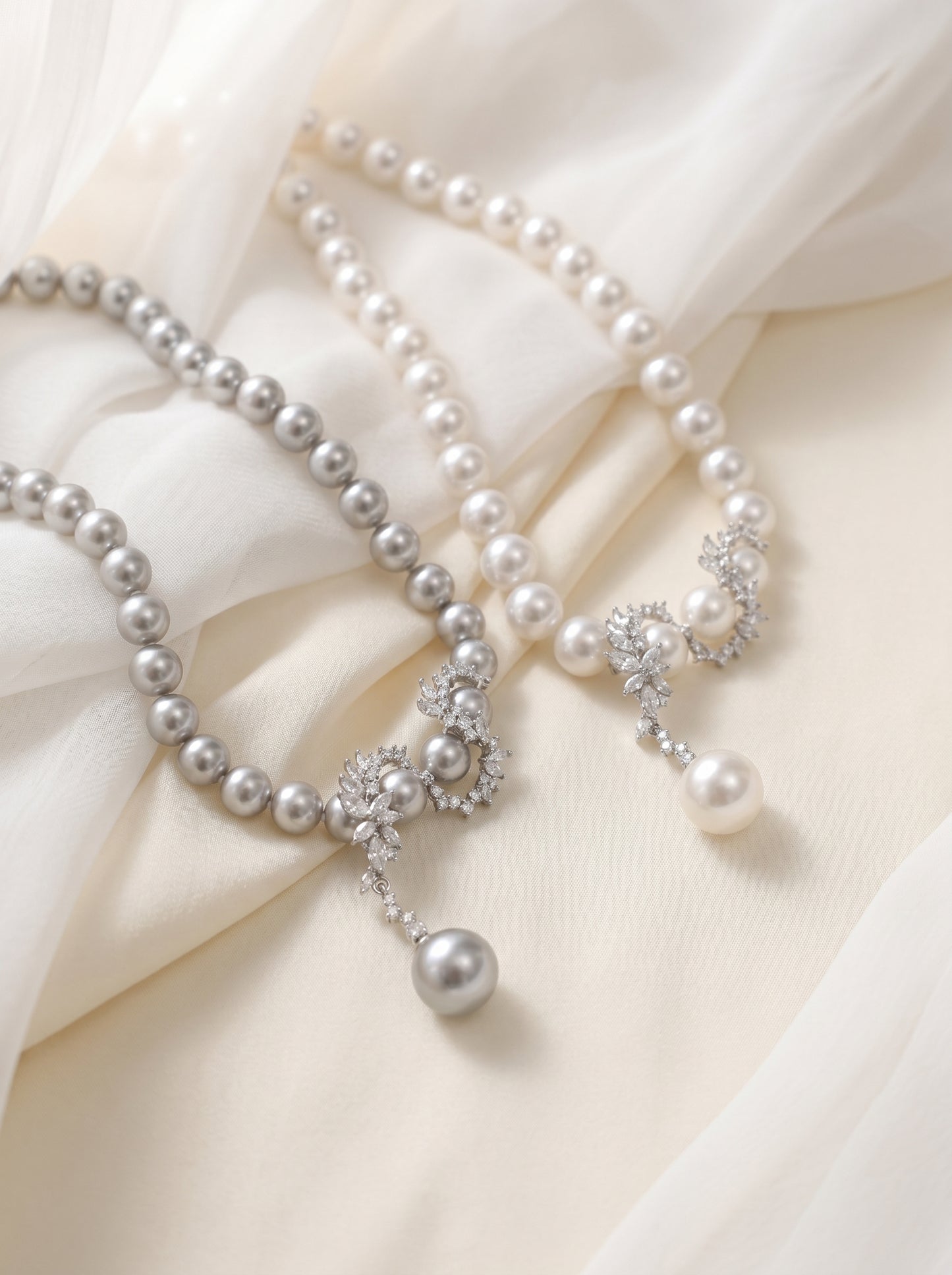 Y Drop Australian White Pearl Strand Necklace for Bridal Women, 8mm & 10mm Cool Luster Pearl with Floral Cubic Zirconia Accents 45cm Collarbone Chain Formal Wedding Evening Party Fine Jewelry Gift  LUNA-X292