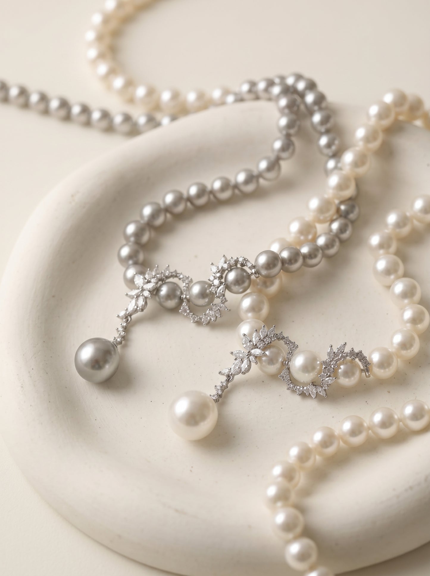 Y Drop Australian White Pearl Strand Necklace for Bridal Women, 8mm & 10mm Cool Luster Pearl with Floral Cubic Zirconia Accents 45cm Collarbone Chain Formal Wedding Evening Party Fine Jewelry Gift  LUNA-X292