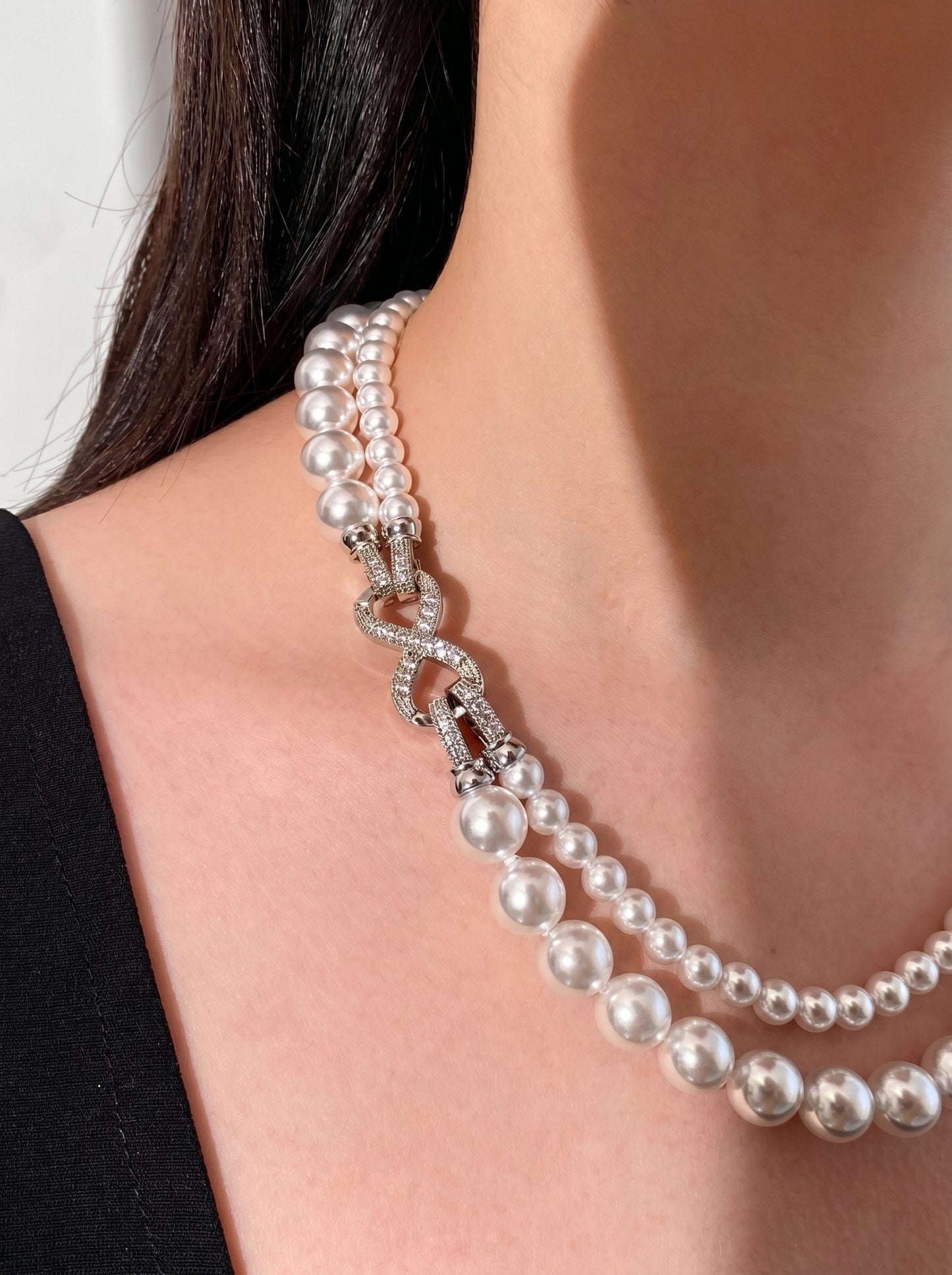Double Layer Gradient Pearl Choker Necklace for Women, Two-Tier Australian White & Gray Madama Pearls 4/6mm+8/10mm Adjustable 44-46cm Collarbone Chain Crystal Infinity Clasp Wedding Bridal Statement Fine Jewelry Gift  LUNA-X294