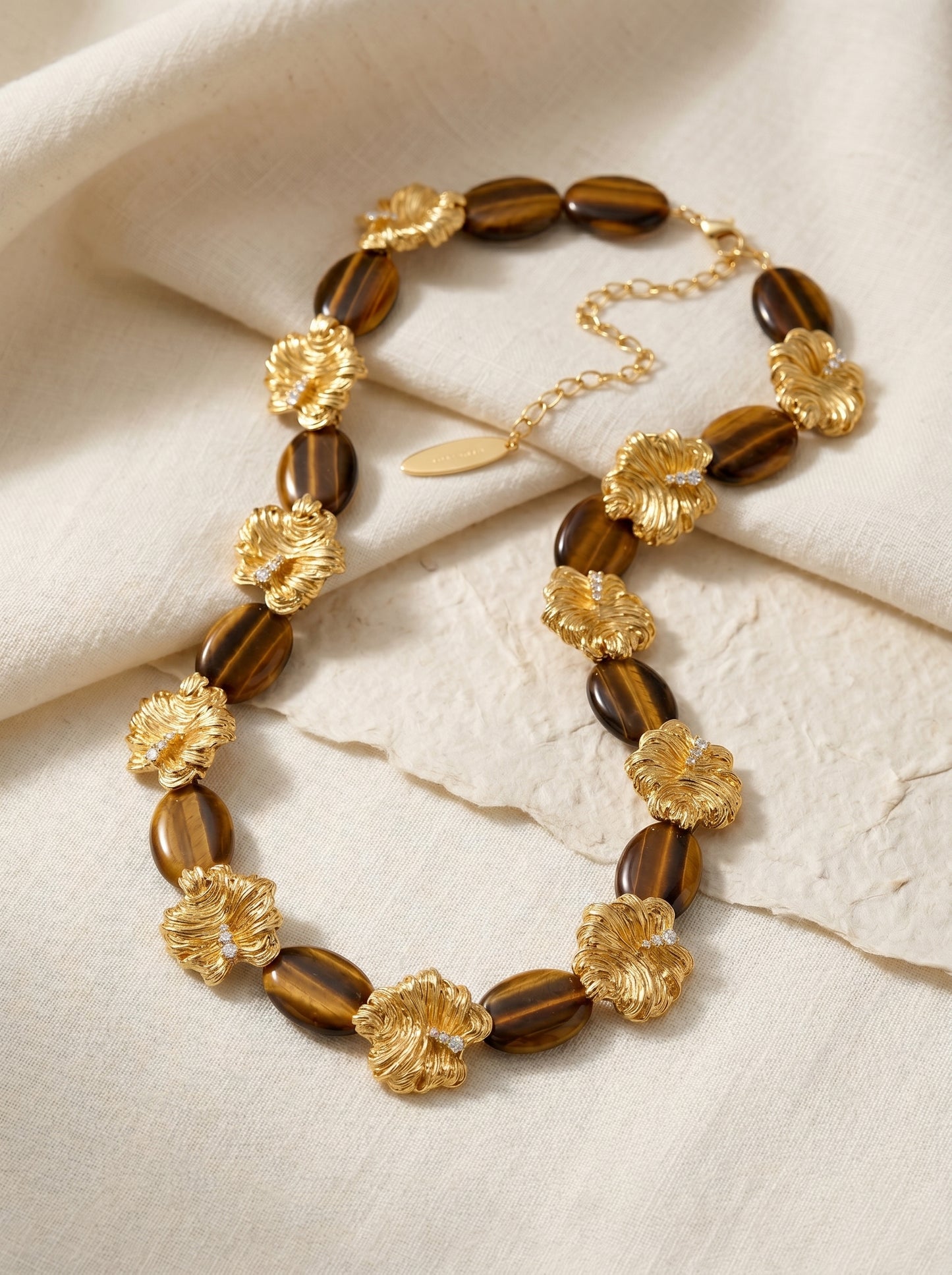 Vintage Gold Flower Tiger Eye Beaded Choker Necklace for Women, Inlaid Cubic Zirconia Natural Tiger Eye Stone Adjustable 46+10cm Extension Chain Retro Statement Layerable Fashion Jewelry Gift  LUNA-X296
