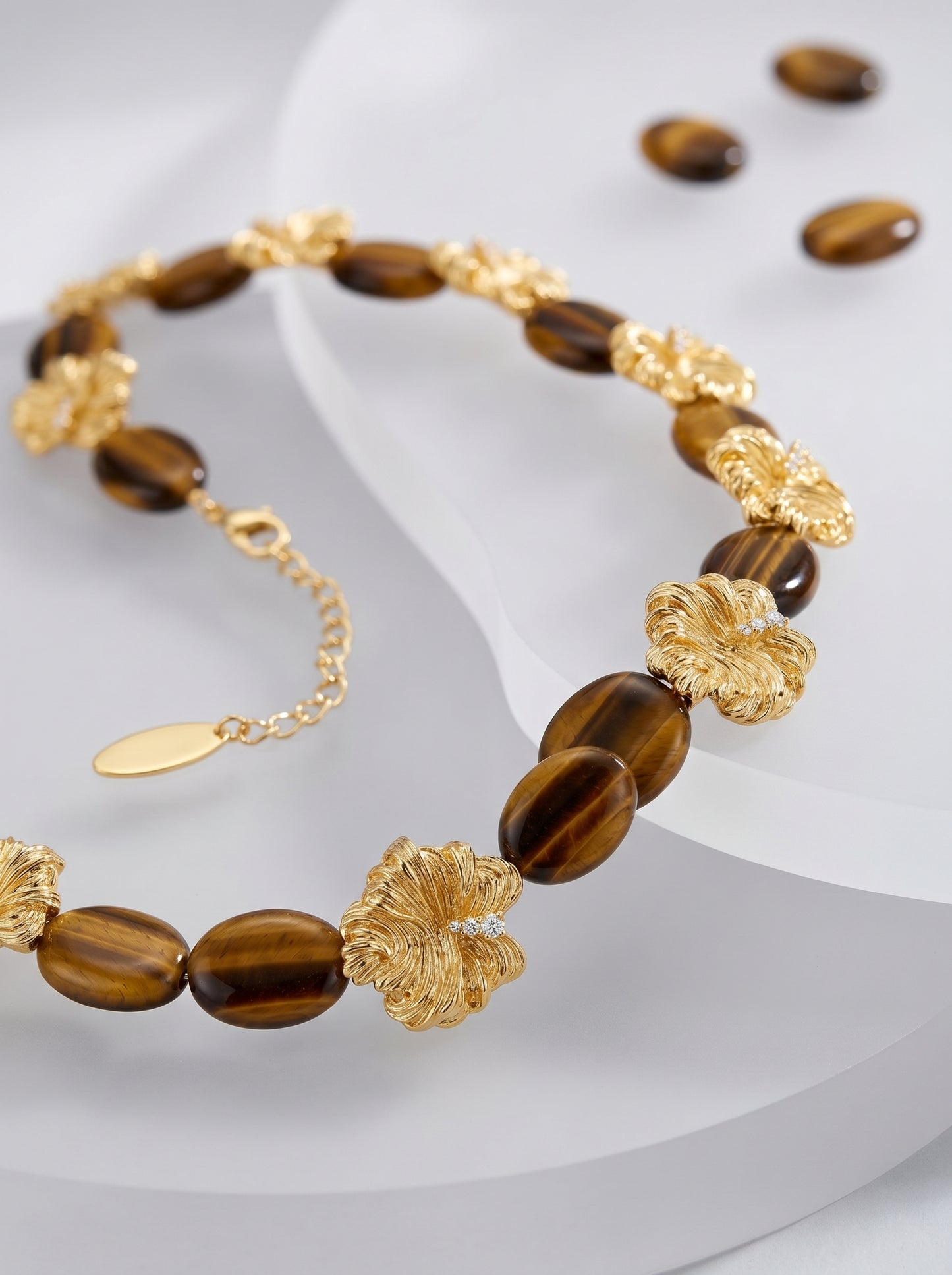 Vintage Gold Flower Tiger Eye Beaded Choker Necklace for Women, Inlaid Cubic Zirconia Natural Tiger Eye Stone Adjustable 46+10cm Extension Chain Retro Statement Layerable Fashion Jewelry Gift  LUNA-X296