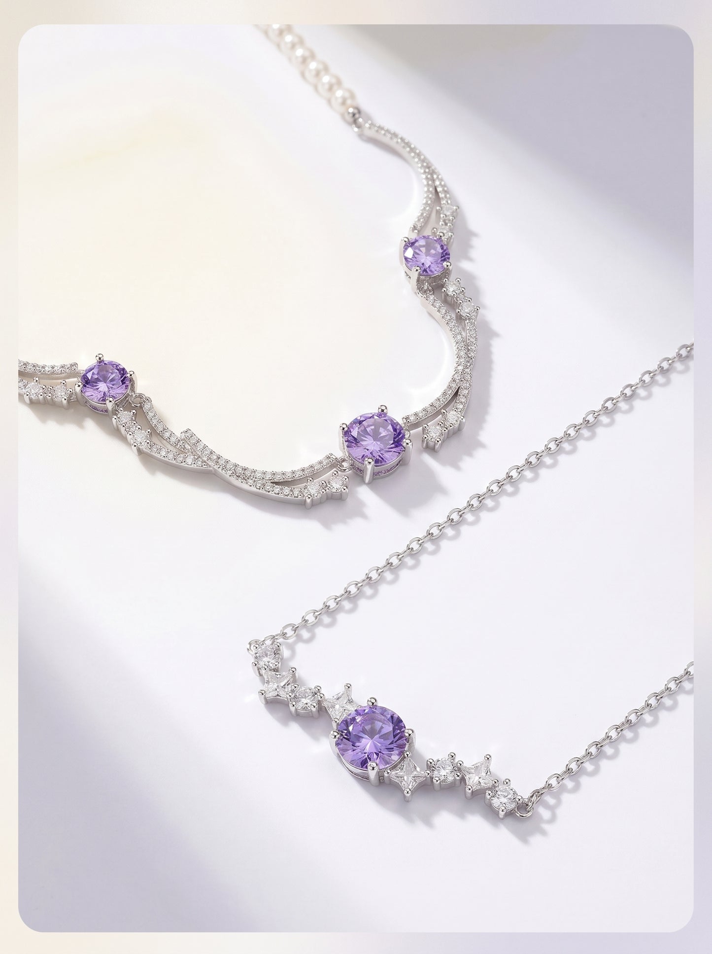 Two Style Purple 5A Cubic Zirconia Star Wave Necklace for Women, Dainty Thin Chain & Wavy Collarbone Design Copper Platinum Plated / Solid 925 Sterling Silver Layerable Formal Wedding Fine Jewelry Gift  LUNA-X298