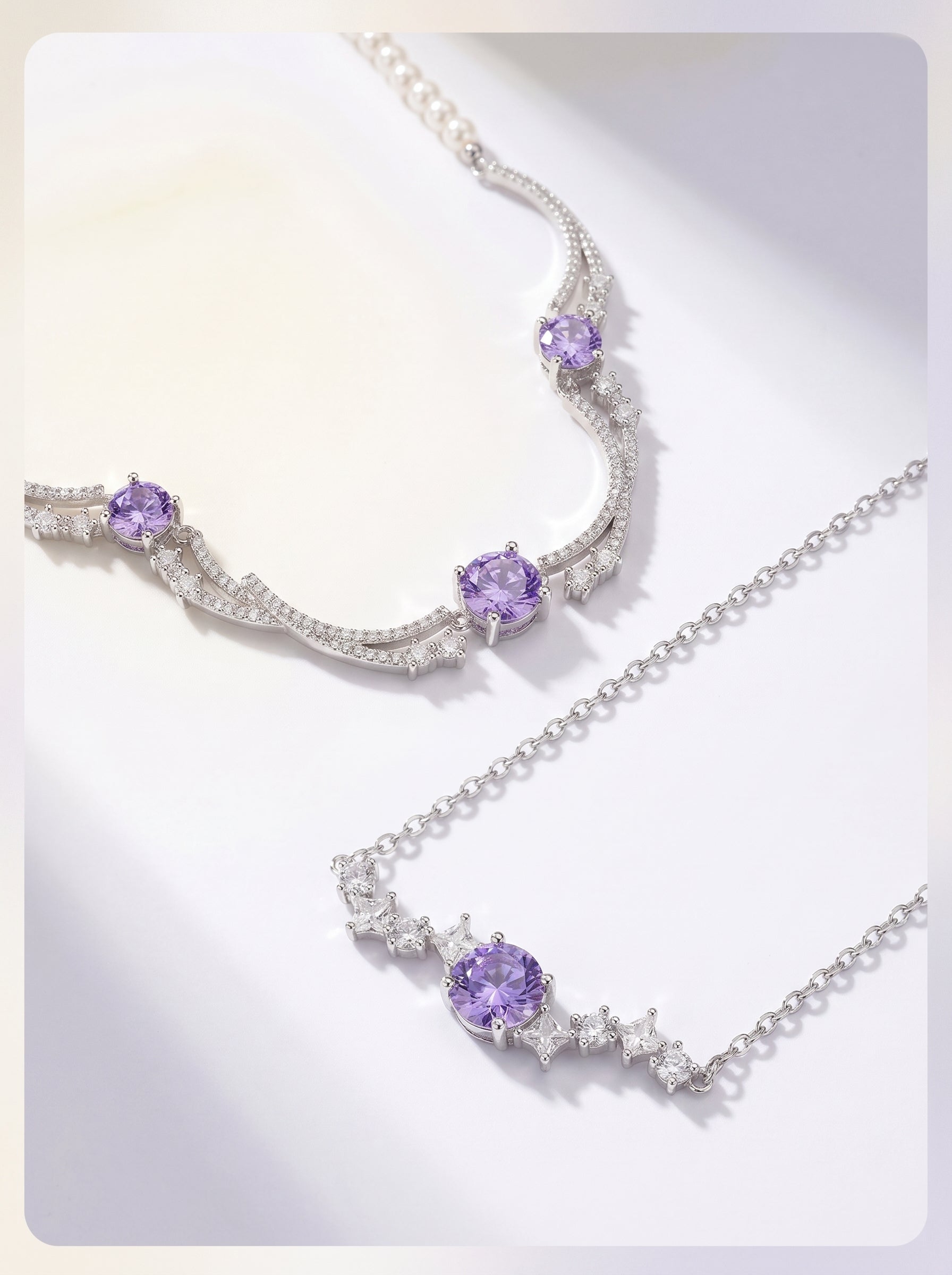 Dual-Style Star Purple 5A Cubic Zirconia Necklace, Layered Wavy & Thin Single Chain Collarbone Jewelry, Platinum Plated Copper Star Crystal Pendant Gift for Women LUNA-X298