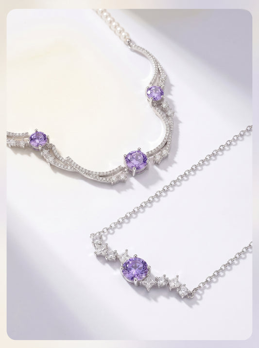 Dual-Style Star Purple 5A Cubic Zirconia Necklace, Layered Wavy & Thin Single Chain Collarbone Jewelry, Platinum Plated Copper Star Crystal Pendant Gift for Women LUNA-X298