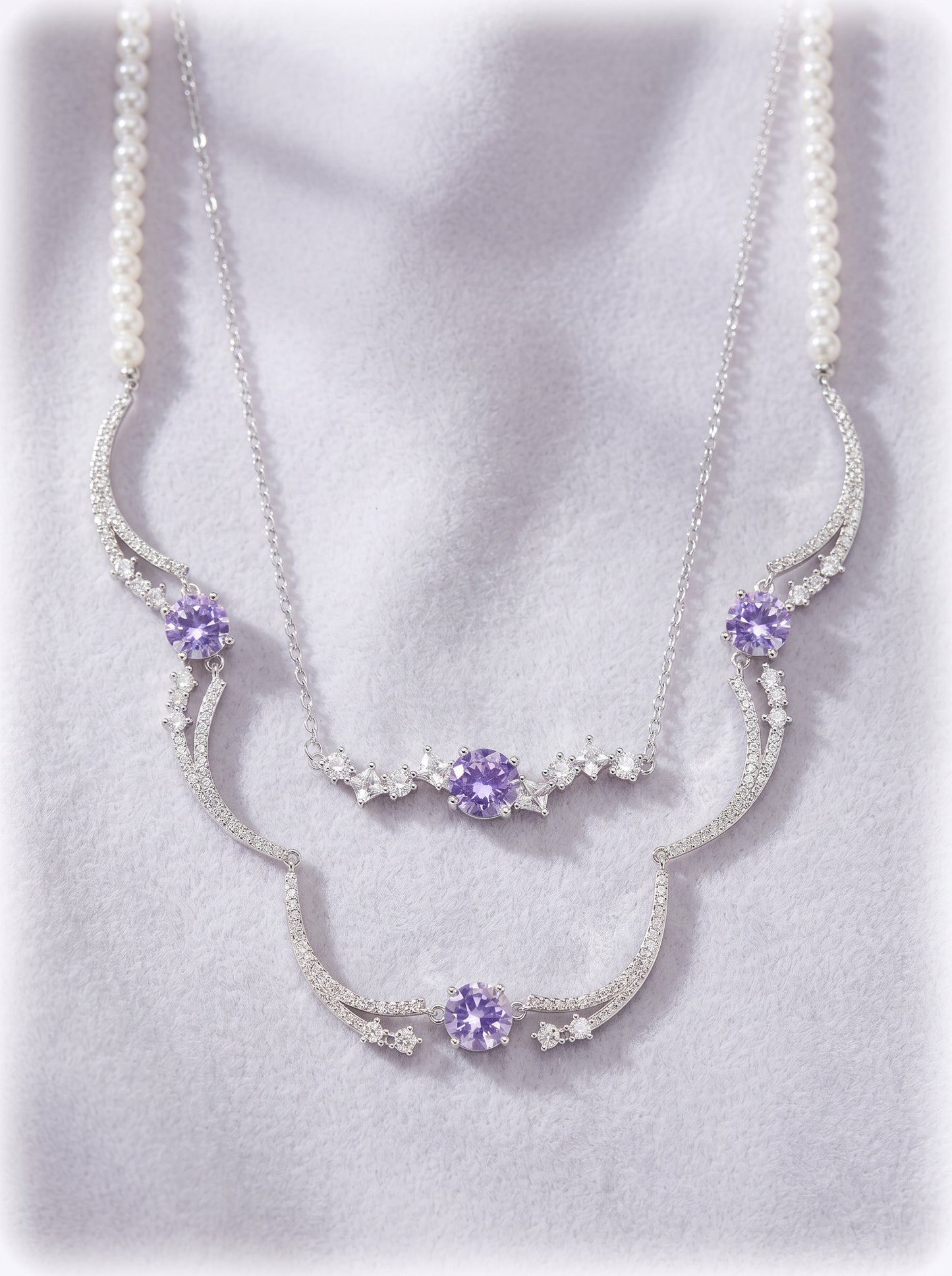 Two Style Purple 5A Cubic Zirconia Star Wave Necklace for Women, Dainty Thin Chain & Wavy Collarbone Design Copper Platinum Plated / Solid 925 Sterling Silver Layerable Formal Wedding Fine Jewelry Gift  LUNA-X298