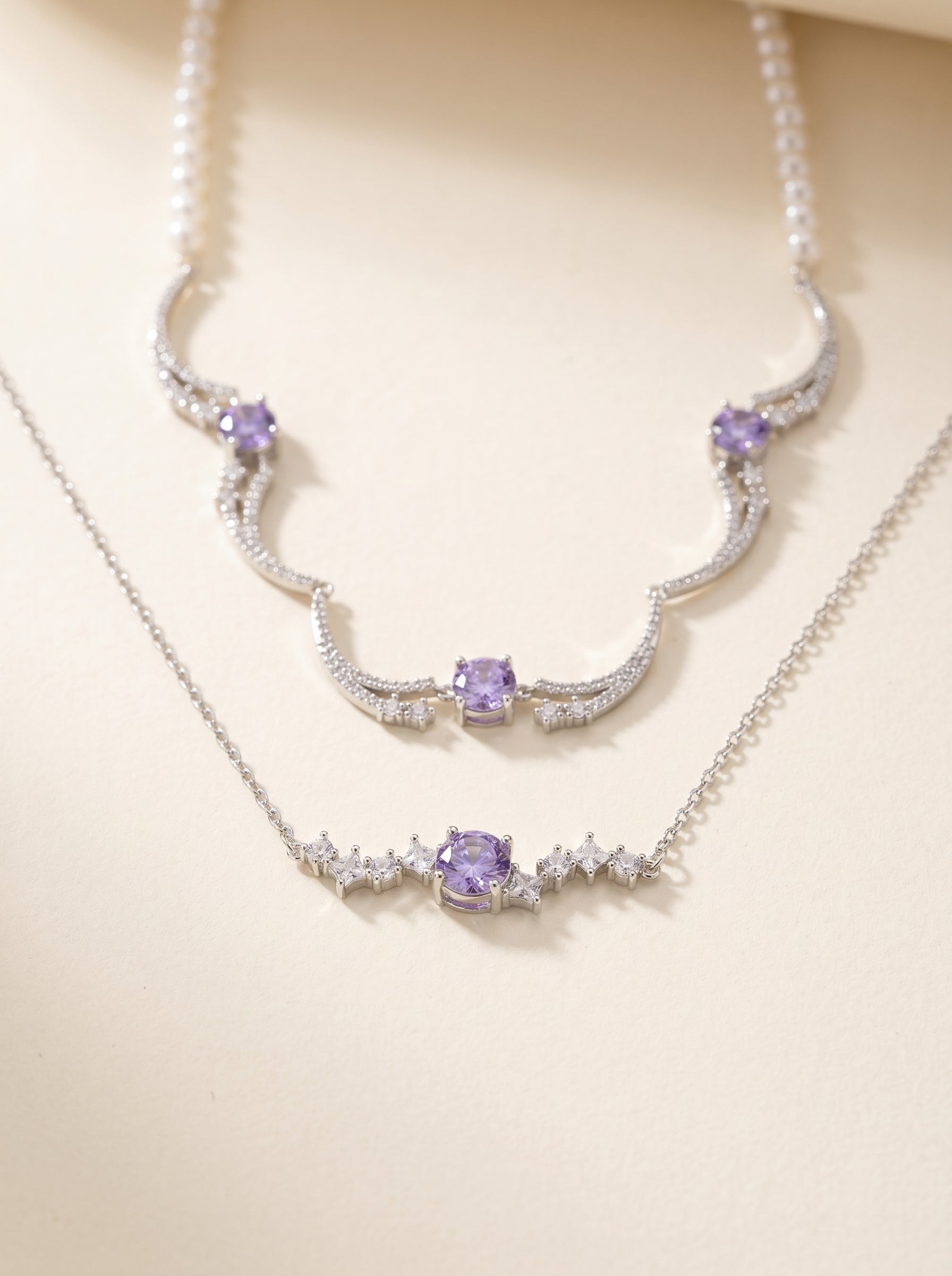 Dual-Style Star Purple 5A Cubic Zirconia Necklace, Layered Wavy & Thin Single Chain Collarbone Jewelry, Platinum Plated Copper Star Crystal Pendant Gift for Women LUNA-X298