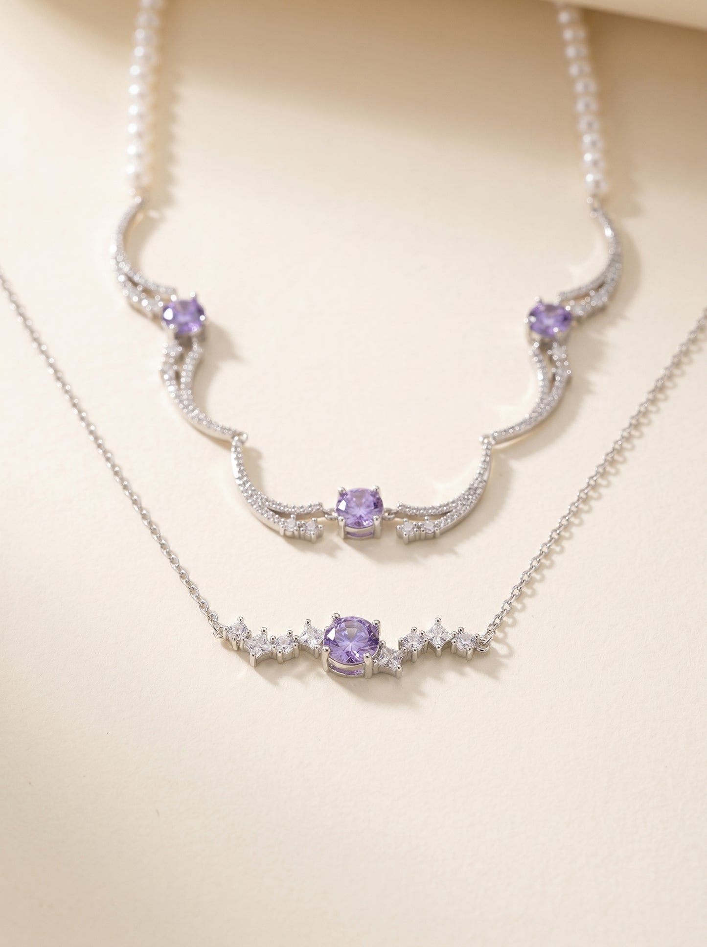 Two Style Purple 5A Cubic Zirconia Star Wave Necklace for Women, Dainty Thin Chain & Wavy Collarbone Design Copper Platinum Plated / Solid 925 Sterling Silver Layerable Formal Wedding Fine Jewelry Gift  LUNA-X298