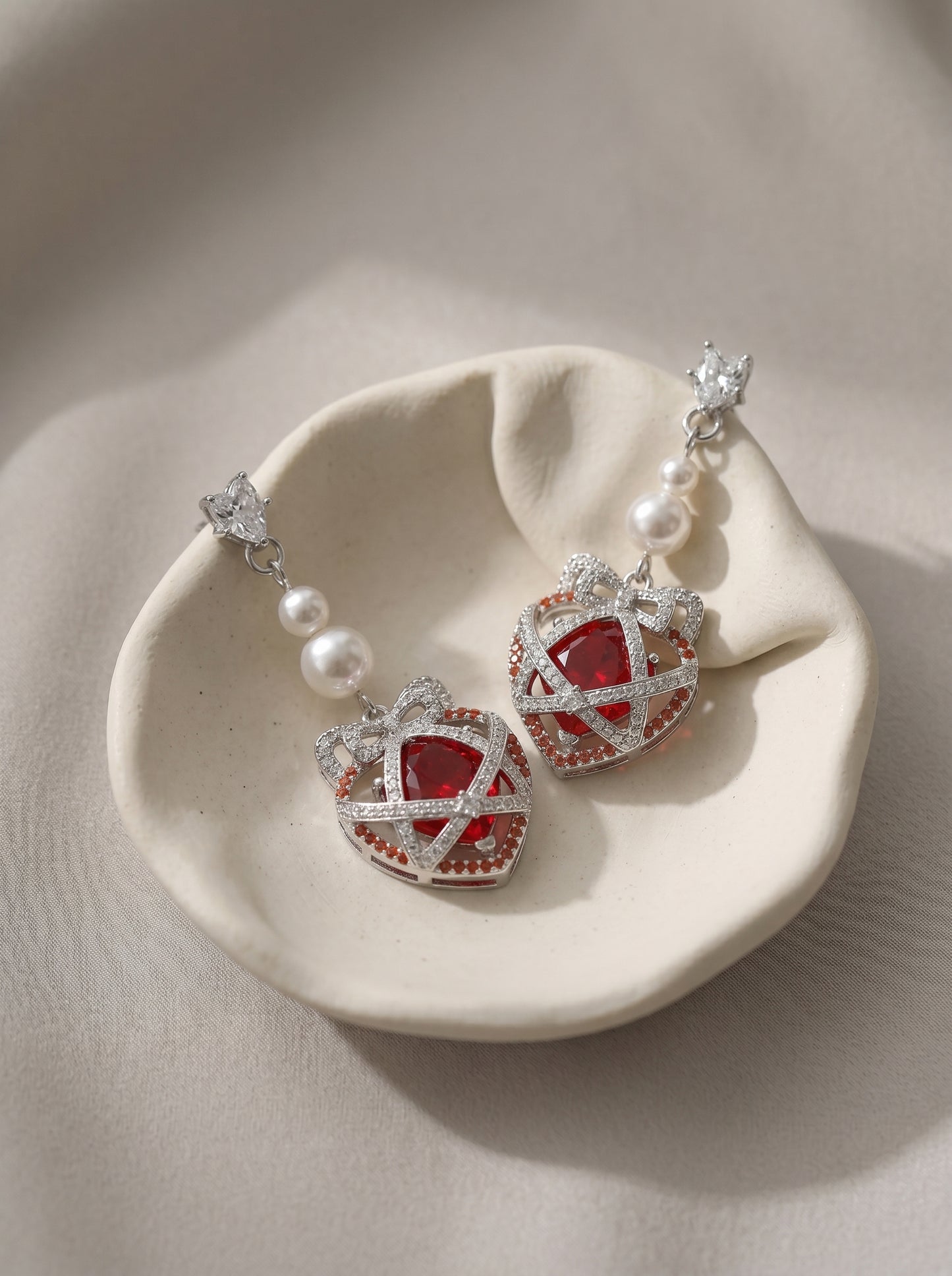 Sweet Bow Red Heart Cage Long Tassel Drop Earrings for Women, White Pearl Inlaid Cubic Zirconia Silver Tone Romantic Valentines Wedding Bridal Dangle Fine Jewelry Gift  LUNA-X299
