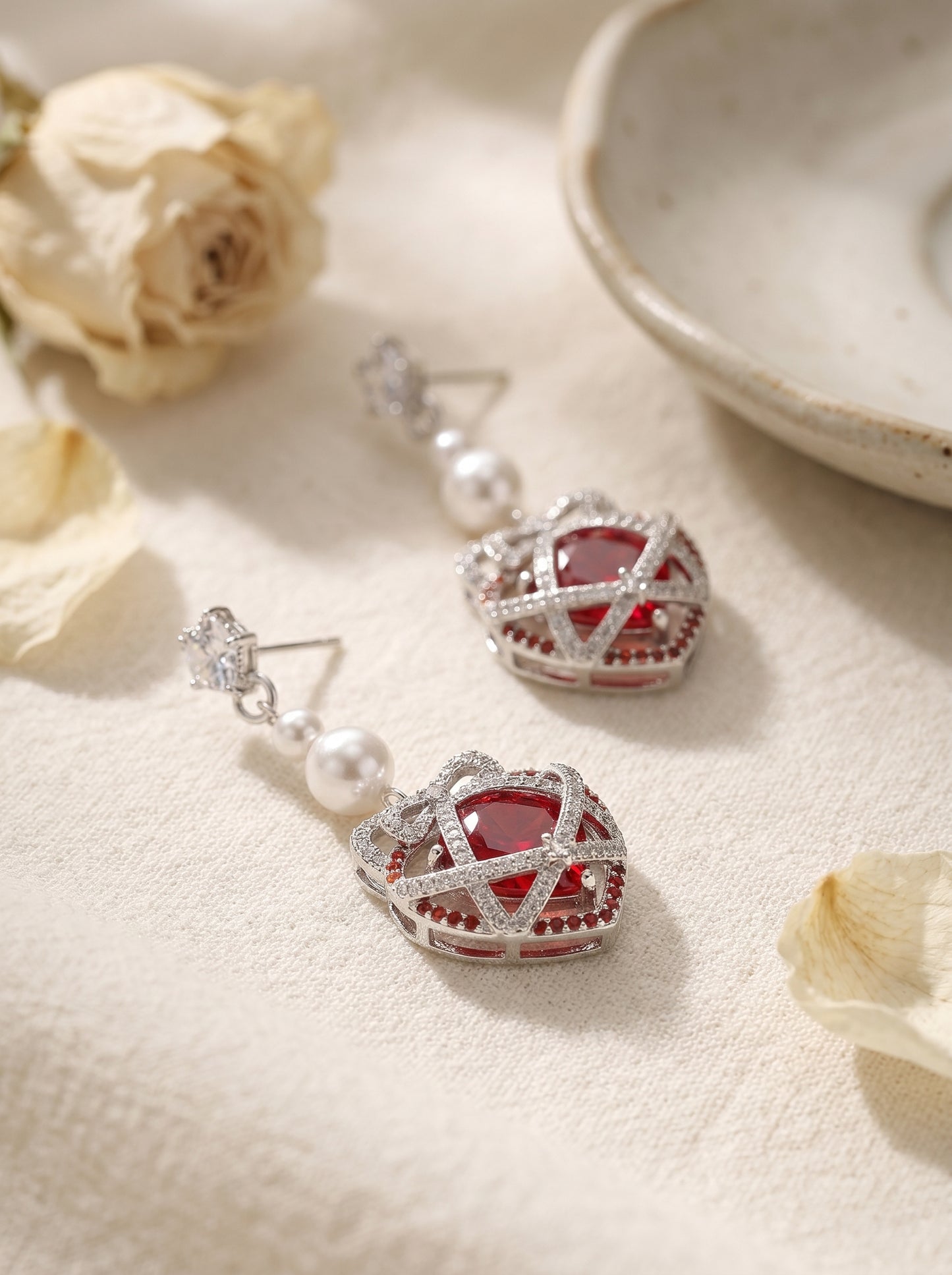 Sweet Bow Red Heart Cage Long Tassel Drop Earrings for Women, White Pearl Inlaid Cubic Zirconia Silver Tone Romantic Valentines Wedding Bridal Dangle Fine Jewelry Gift  LUNA-X299