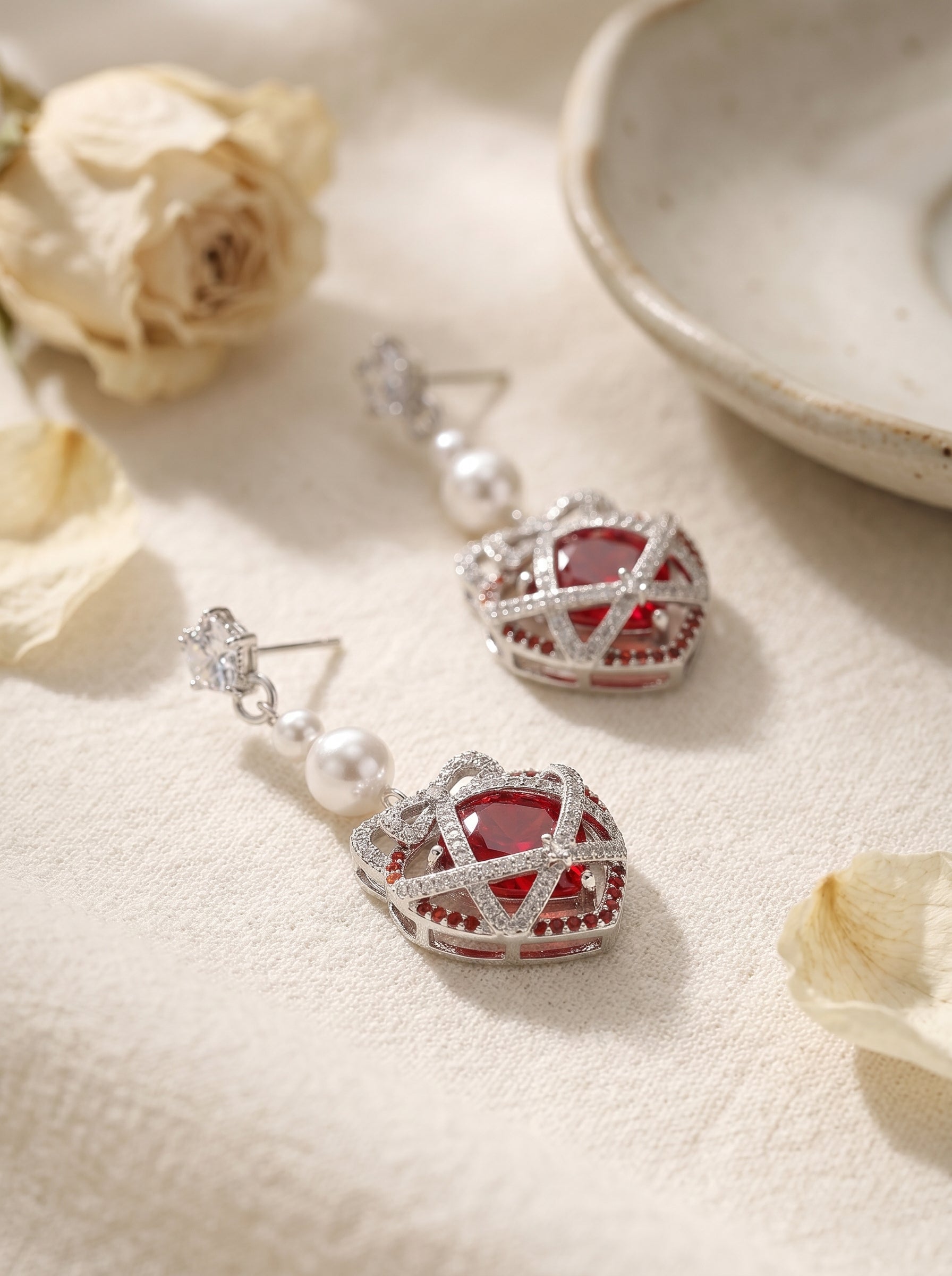 Sweet Bow Red Heart Cage Long Tassel Drop Earrings for Women, White Pearl Inlaid Cubic Zirconia Silver Tone Romantic Valentines Wedding Bridal Dangle Fine Jewelry Gift  LUNA-X299