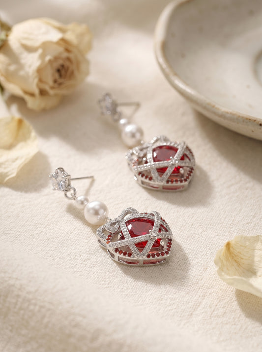 Sweet Bow Red Heart Cage Long Tassel Drop Earrings for Women, White Pearl Inlaid Cubic Zirconia Silver Tone Romantic Valentines Wedding Bridal Dangle Fine Jewelry Gift  LUNA-X299