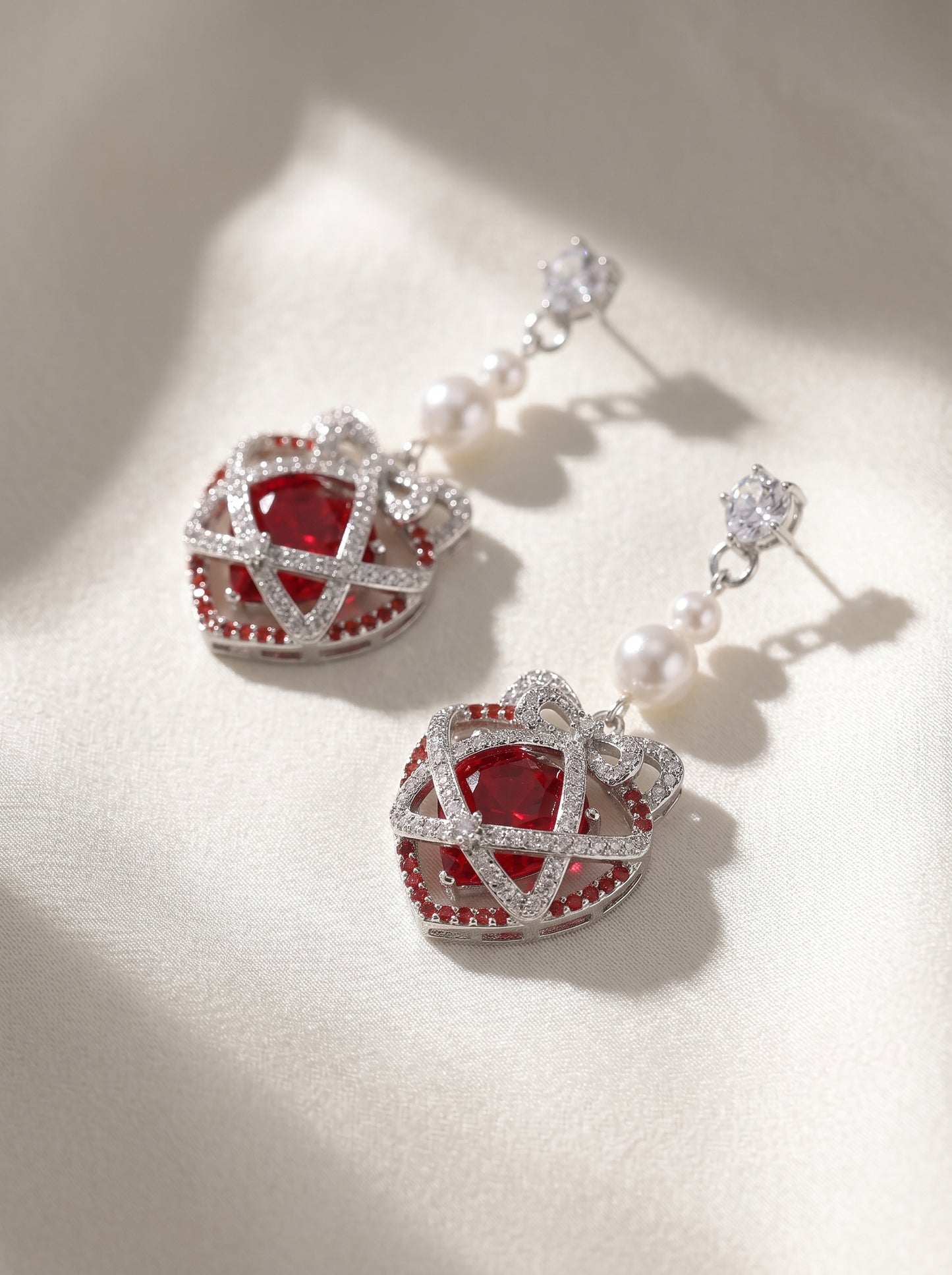 Sweet Bow Red Heart Cage Long Tassel Drop Earrings for Women, White Pearl Inlaid Cubic Zirconia Silver Tone Romantic Valentines Wedding Bridal Dangle Fine Jewelry Gift  LUNA-X299