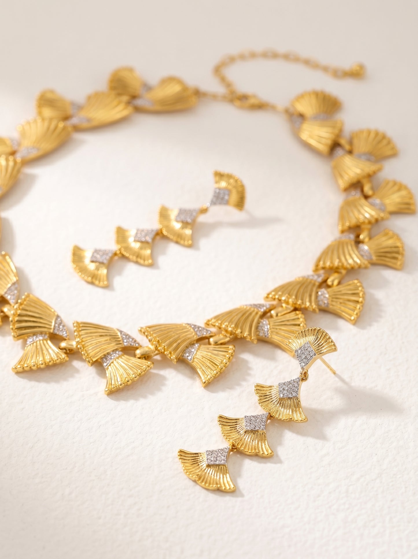 Vintage Ginkgo Leaf Matching Jewelry Set for Women, 24K Gold Plated Copper Cubic Zirconia Statement Choker Necklace & Long Drop Dangle Earrings Adjustable 46+8cm Chain Formal Wedding Banquet Luxury Fine Jewelry Gift LUNA-X301