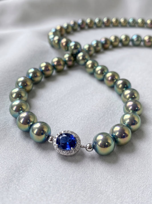 Peacock Green Australian Shell Pearl Strand Necklace for Women, 8mm & 10mm Round Iridescent Tahitian Style Pearls 42-43cm Collarbone Chain Sapphire Inlaid Windsor Clasp Luxury Formal Fine Jewelry Gift  LUNA-X303
