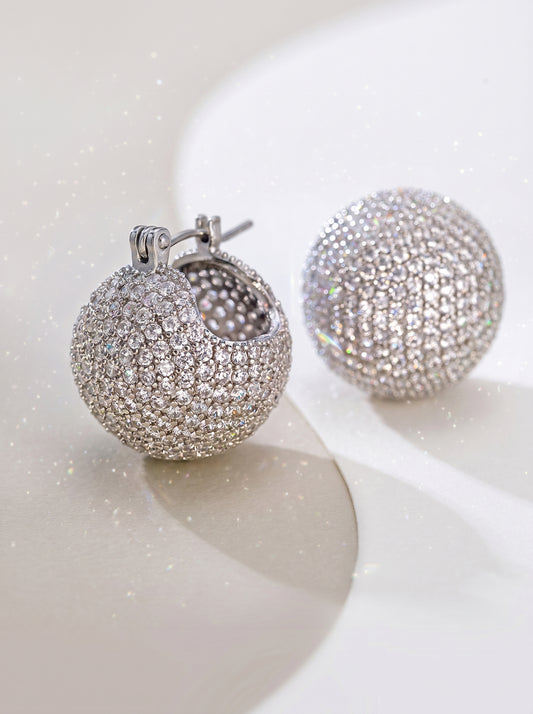 Sparkling Iced Out Disco Sphere Huggies, Full Pave Cubic Zirconia Chunky Dome Statement Crystal Hoop Earrings for Women LUNA-X304
