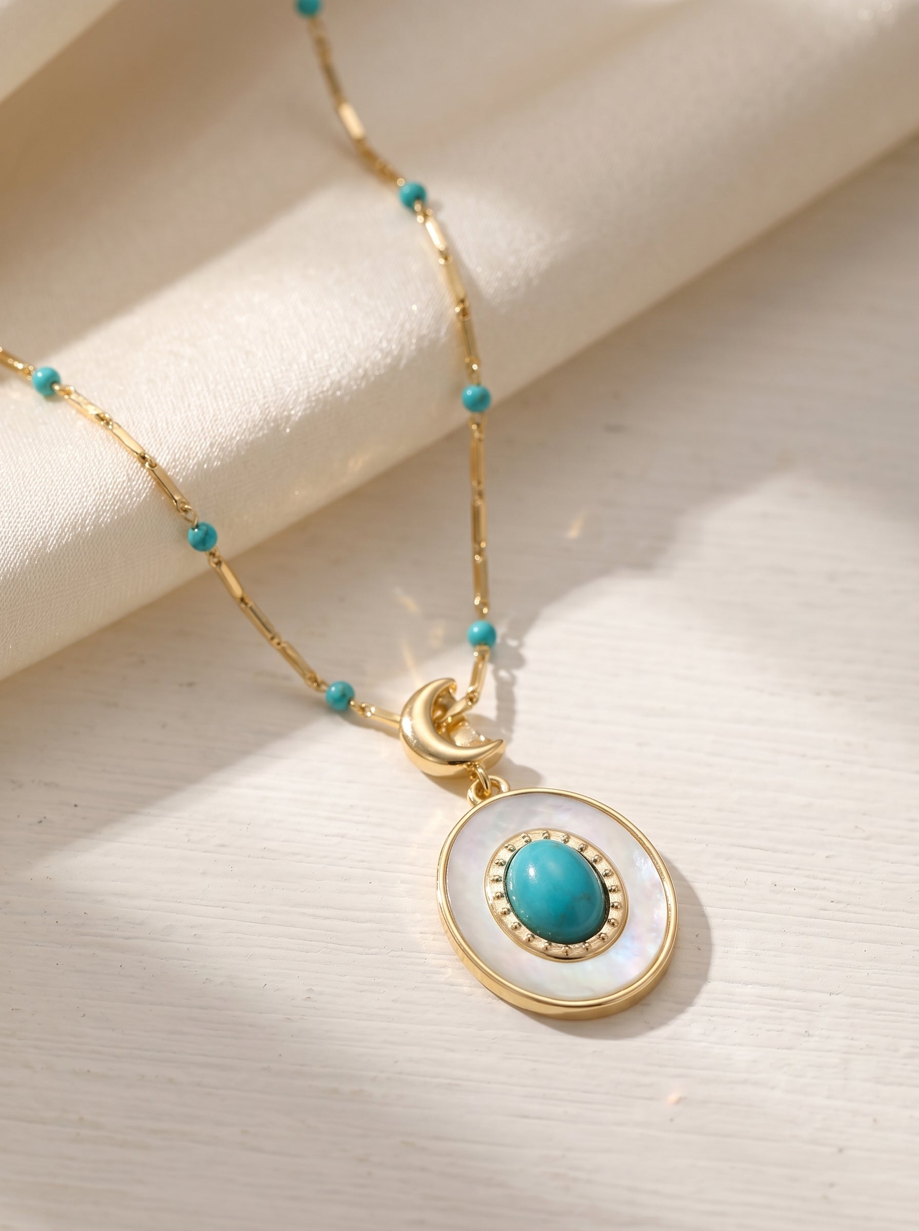 Layered Turquoise Necklace - Swarovski Crystal Pearl & Mother of Pearl Medallion Choker - Vintage French Coastal Layering Jewelry Set LUNA-X305