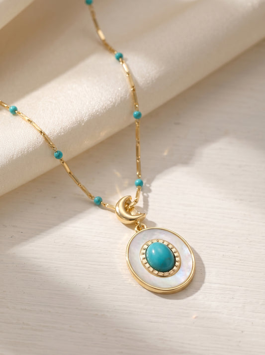 Layered Turquoise Necklace - Swarovski Crystal Pearl & Mother of Pearl Medallion Choker - Vintage French Coastal Layering Jewelry Set LUNA-X305
