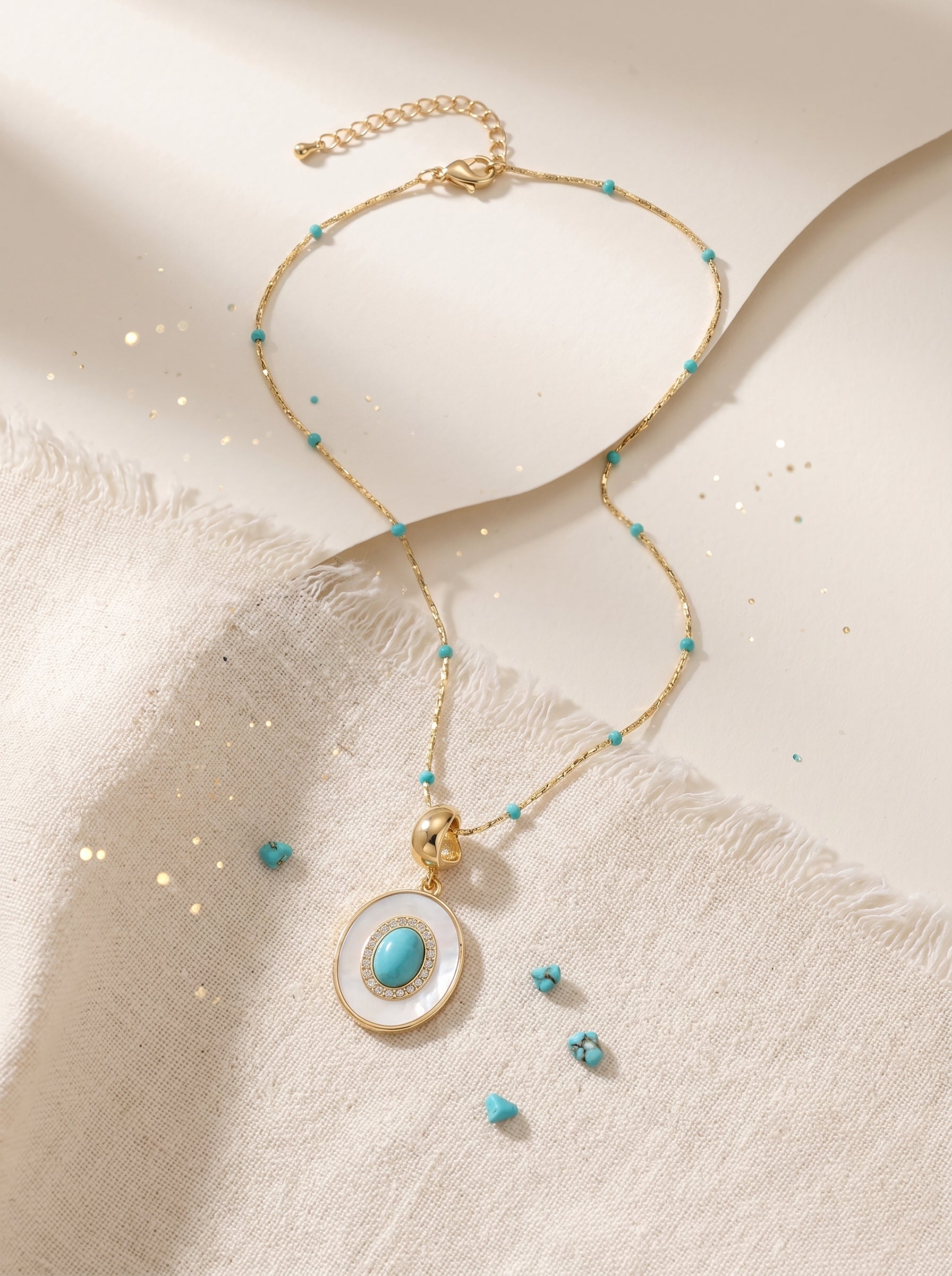 Layered Turquoise Necklace - Swarovski Crystal Pearl & Mother of Pearl Medallion Choker - Vintage French Coastal Layering Jewelry Set LUNA-X305