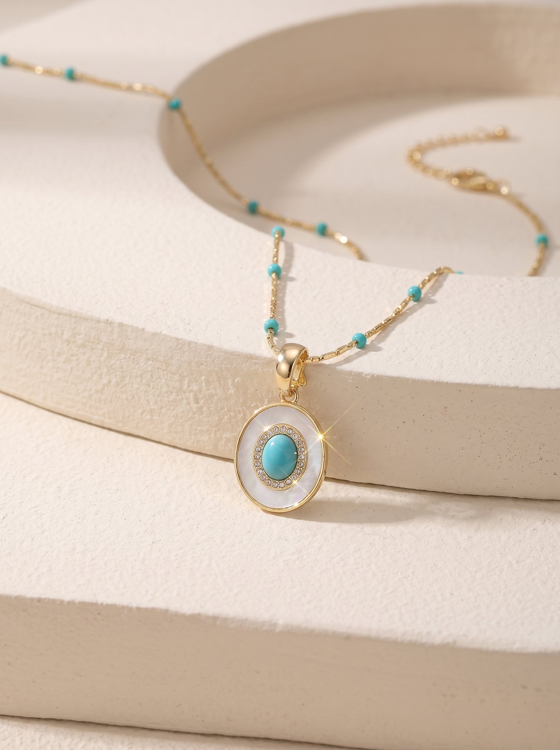 Layered Turquoise Necklace - Swarovski Crystal Pearl & Mother of Pearl Medallion Choker - Vintage French Coastal Layering Jewelry Set LUNA-X305