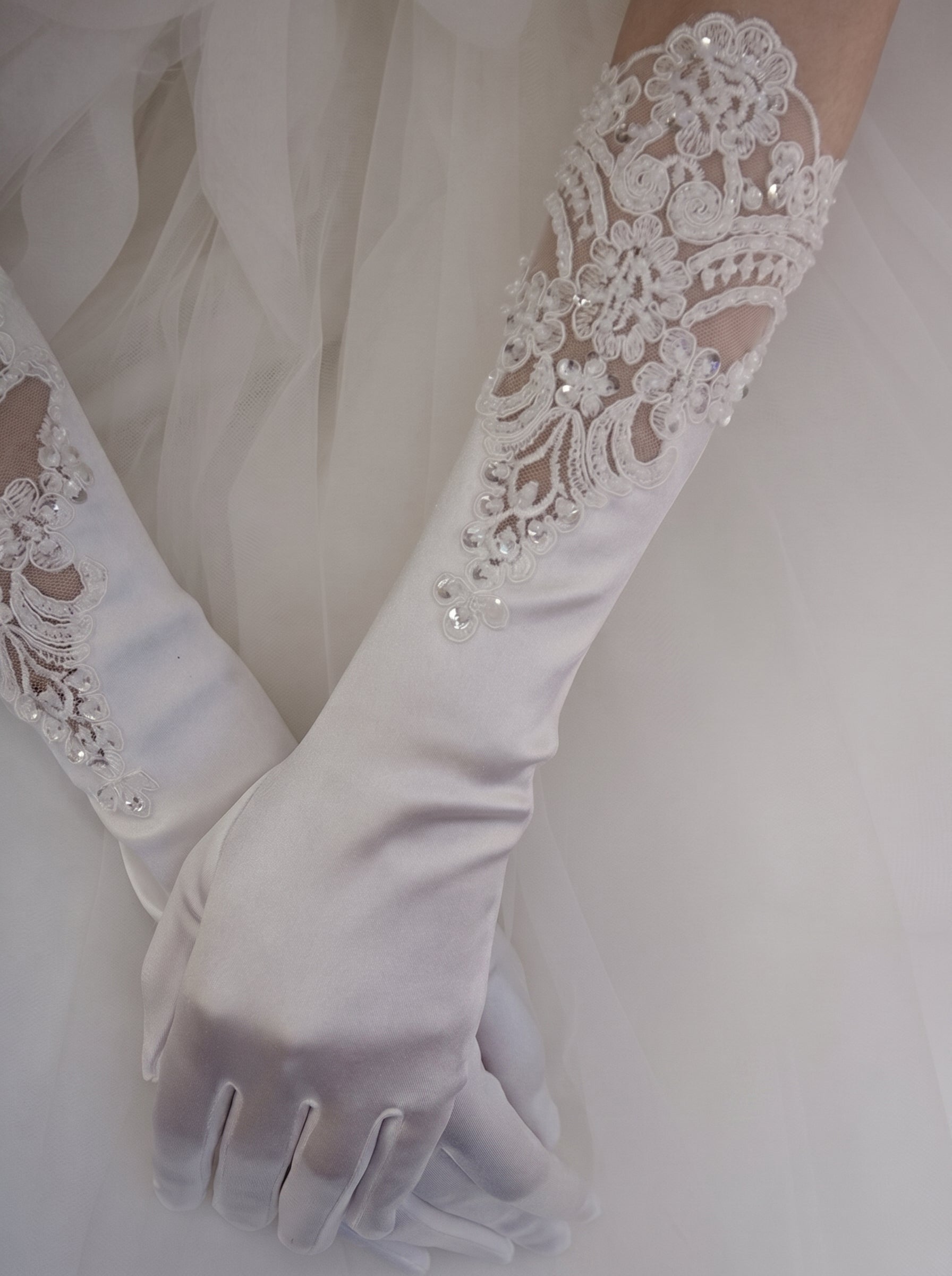 White Stretch Satin Bridal Gloves - 37cm Below Elbow Length Wedding Gloves with Cutout Guipure Lace - Heavy Hand-Beaded Shimmering Sequins Opera Mittens LUNA-X307