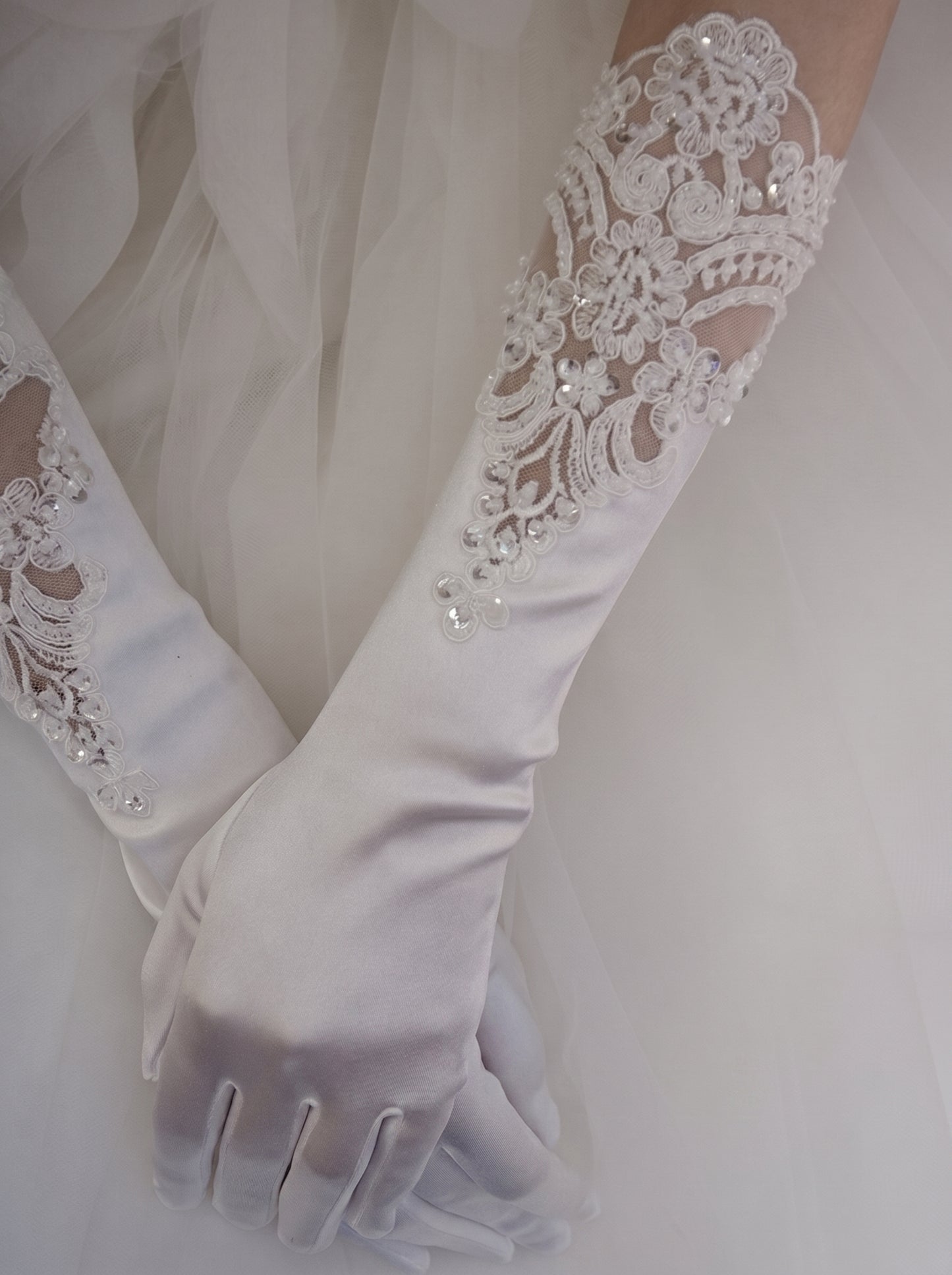 White Stretch Satin Bridal Gloves - 37cm Below Elbow Length Wedding Gloves with Cutout Guipure Lace - Heavy Hand-Beaded Shimmering Sequins Opera Mittens LUNA-X307
