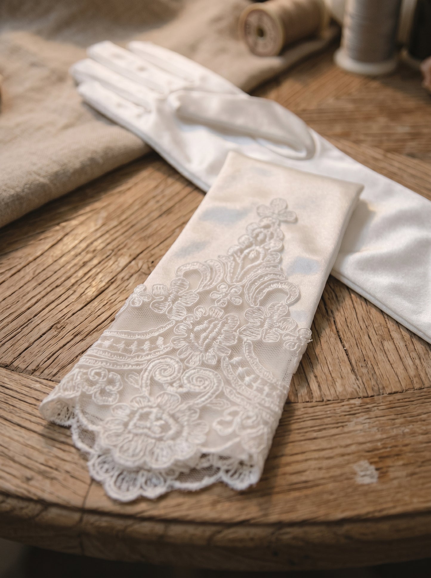 White Stretch Satin Bridal Gloves - 37cm Below Elbow Length Wedding Gloves with Cutout Guipure Lace - Heavy Hand-Beaded Shimmering Sequins Opera Mittens LUNA-X307