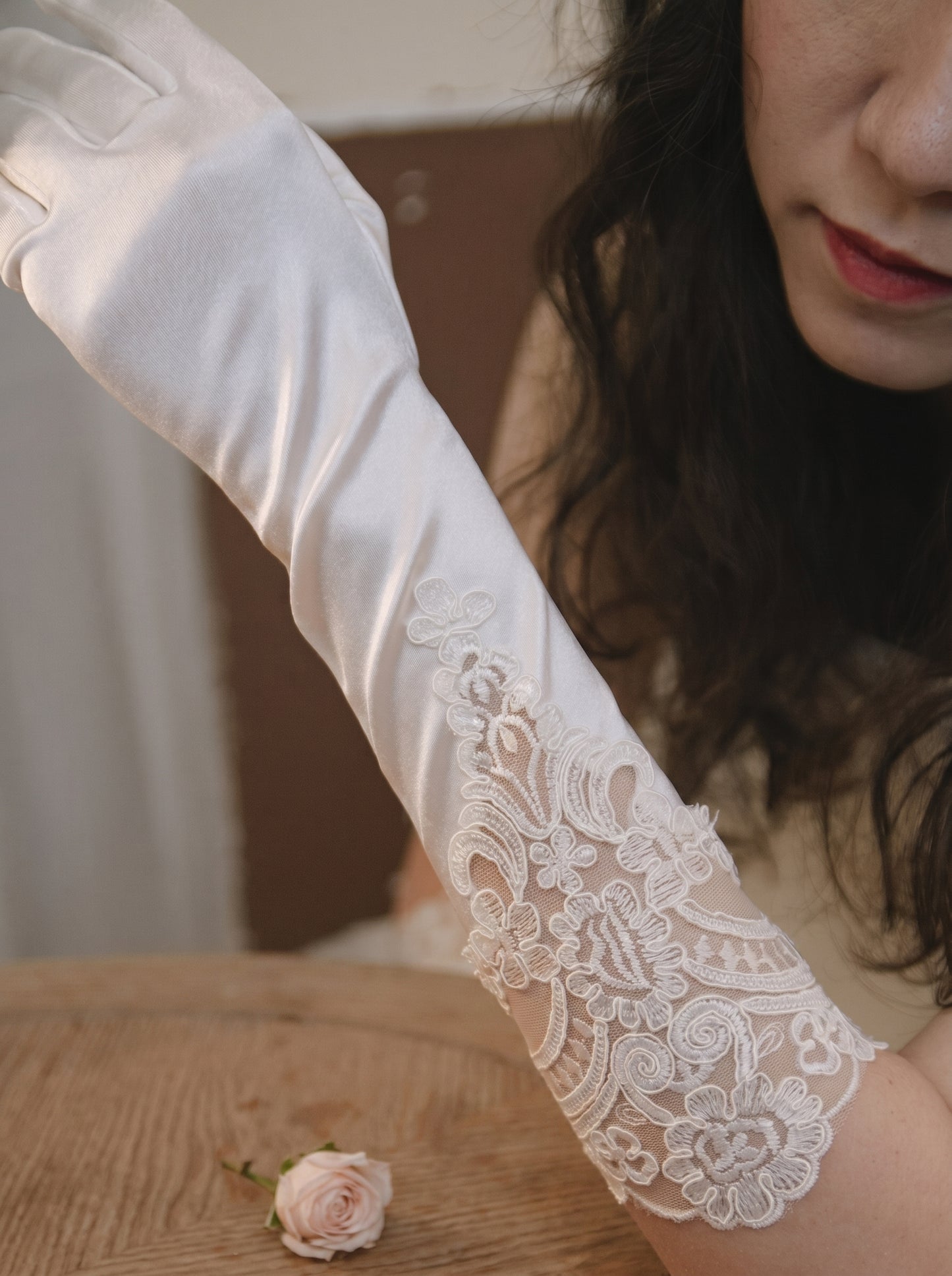White Stretch Satin Bridal Gloves - 37cm Below Elbow Length Wedding Gloves with Cutout Guipure Lace - Heavy Hand-Beaded Shimmering Sequins Opera Mittens LUNA-X307
