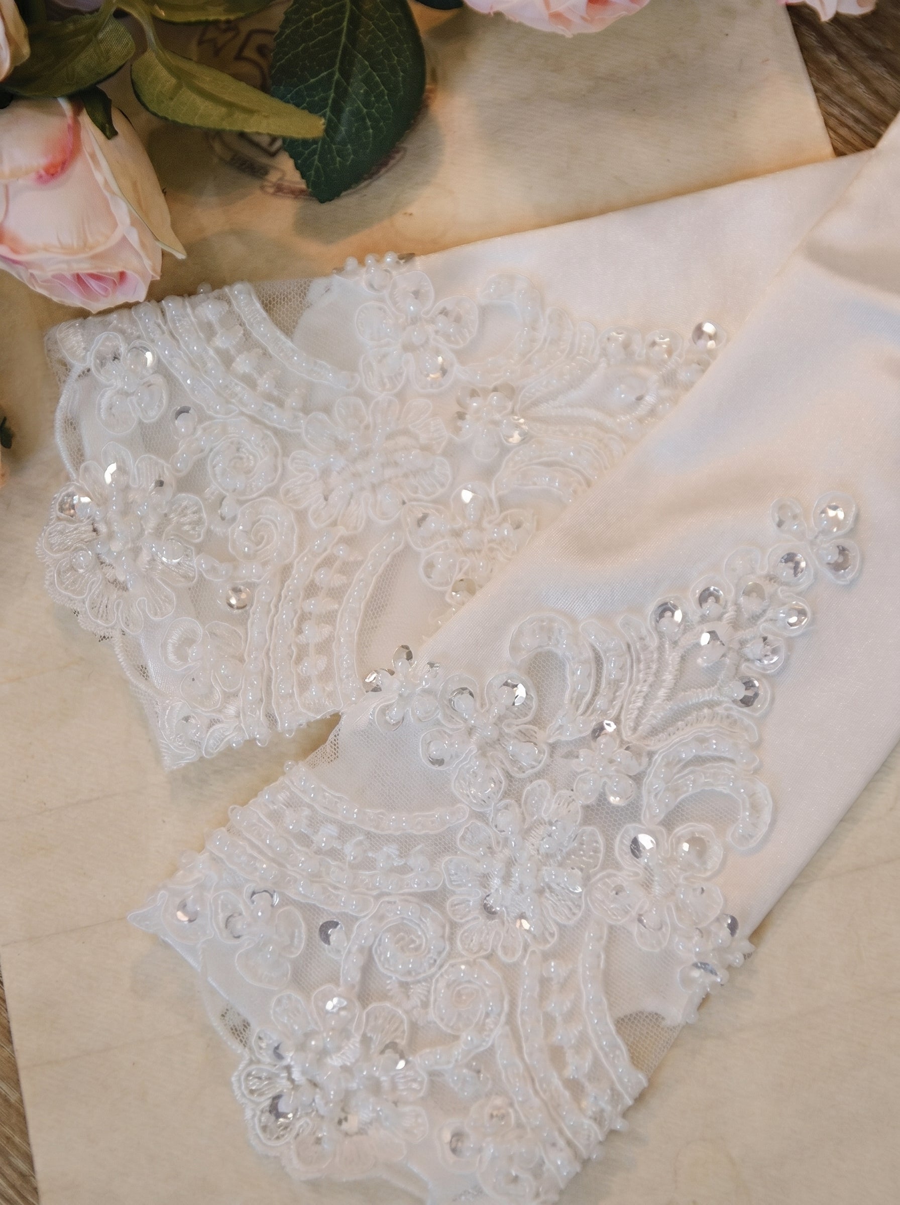 White Stretch Satin Bridal Gloves - 37cm Below Elbow Length Wedding Gloves with Cutout Guipure Lace - Heavy Hand-Beaded Shimmering Sequins Opera Mittens LUNA-X307