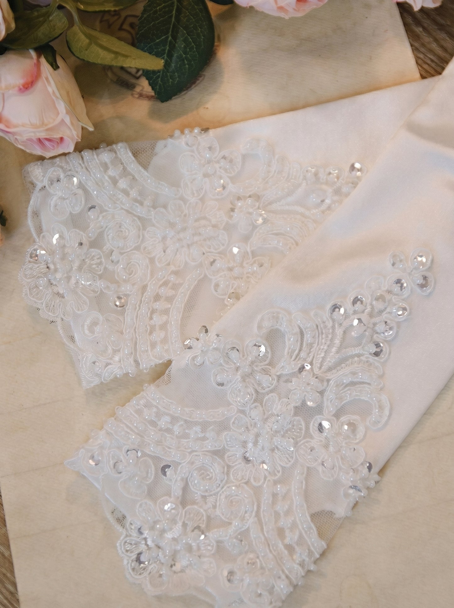 White Stretch Satin Bridal Gloves - 37cm Below Elbow Length Wedding Gloves with Cutout Guipure Lace - Heavy Hand-Beaded Shimmering Sequins Opera Mittens LUNA-X307