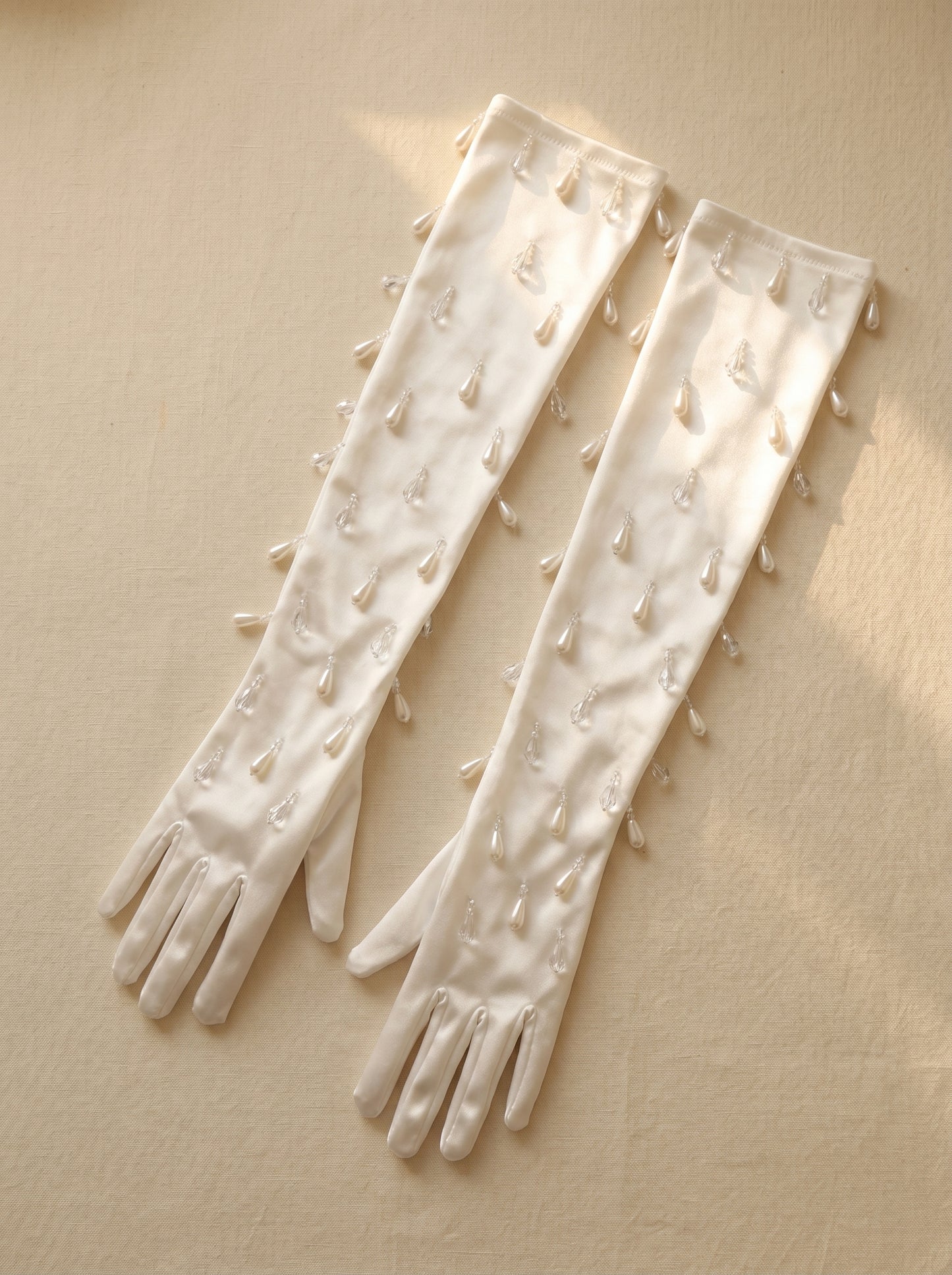 Liquid Satin Opera Bridal Gloves - Raindrop Pearl & Crystal Tassel Wedding Gloves - Luxury Above-the-Elbow Hollywood Glamour Prom Mittens  LUNA-X318