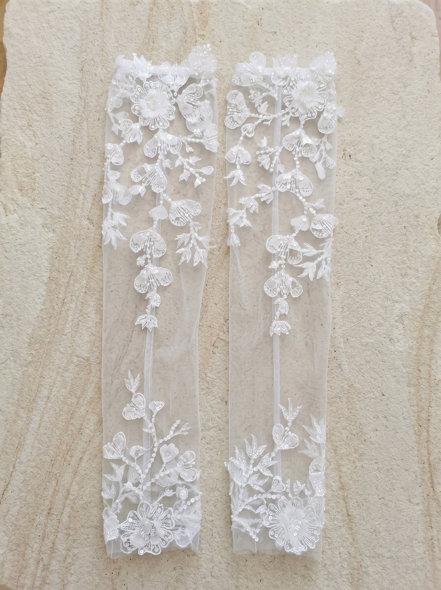 Vintage 3D Floral Bridal Sleeves - 55cm Opera Length Fingerless Wedding Gloves with Elastic Anti-Slip Cuff - Sequined White Illusion Lace Cuffs  LUNA-X323