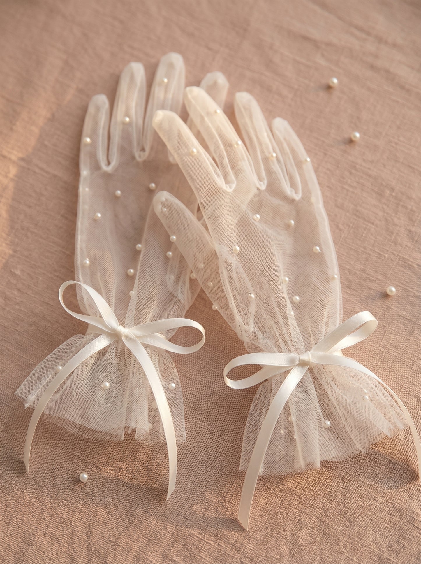 Coquette Pearl Bridal Gloves - 35cm Mid-Length Sheer Mesh Wedding Gloves with Ribbon Bow - Balletcore Romantic Ivory Tulle Prom Mittens  LUNA-X324