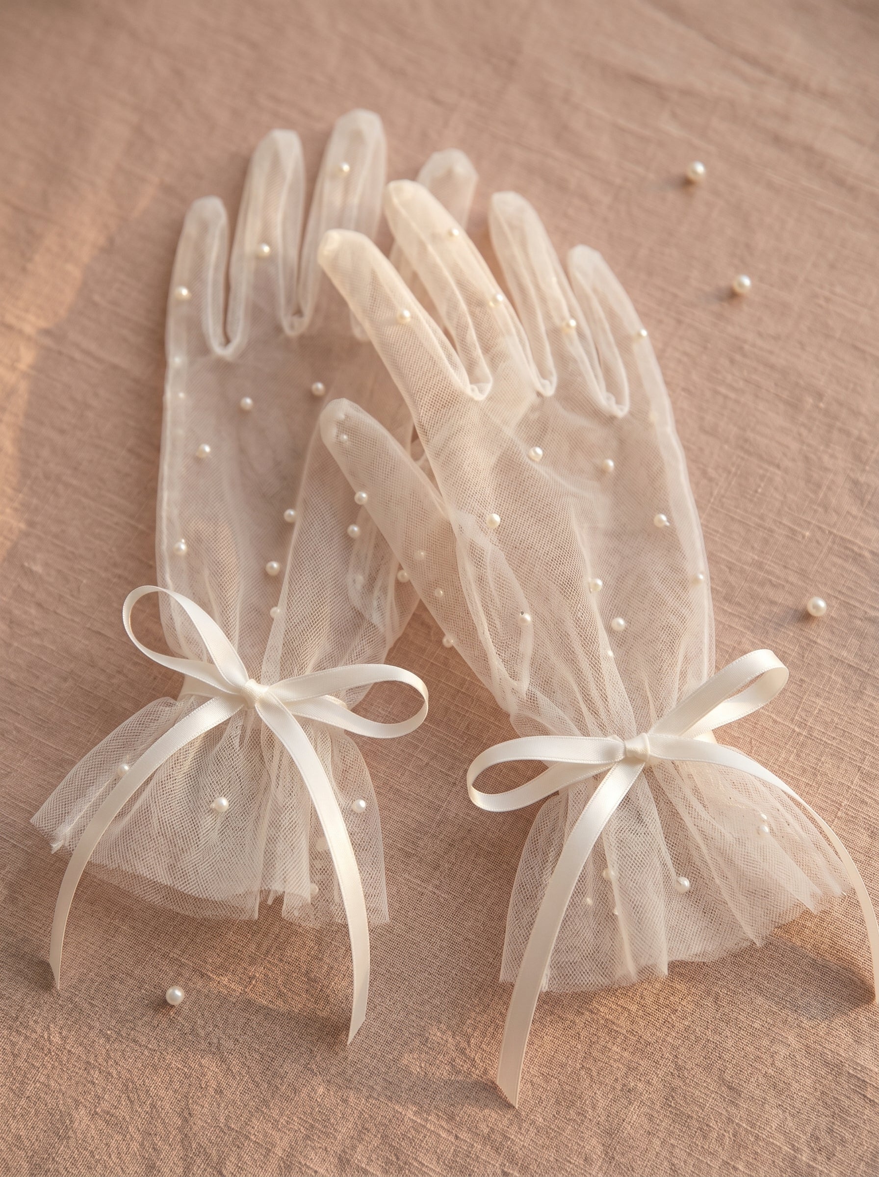 Coquette Bridal Gloves 35cm Mid-Length Sheer Mesh Wedding Gloves with Ribbon Bow | Balletcore Romantic Ivory Tulle Prom Mittens | LUNA-X324