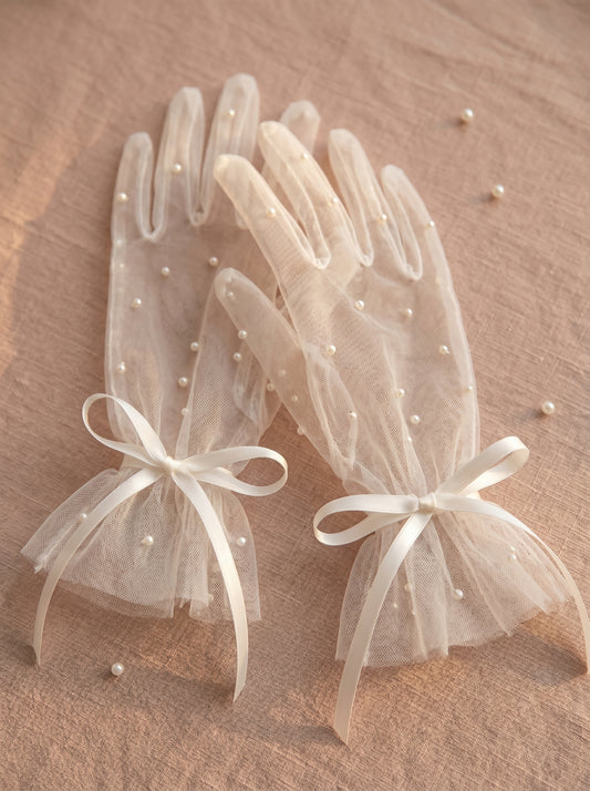 Coquette Bridal Gloves 35cm Mid-Length Sheer Mesh Wedding Gloves with Ribbon Bow | Balletcore Romantic Ivory Tulle Prom Mittens | LUNA-X324