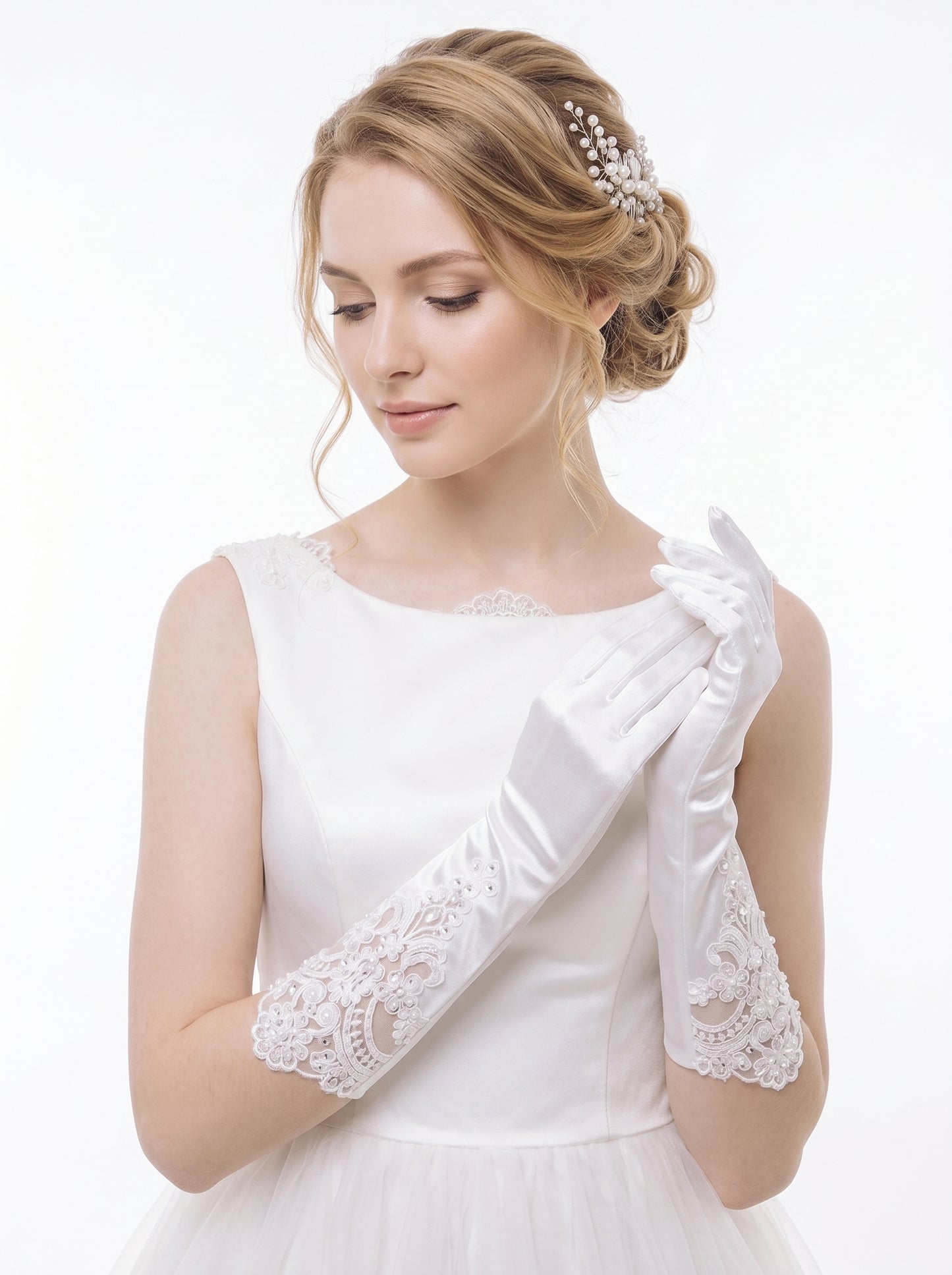White Stretch Satin Bridal Gloves - 37cm Below Elbow Length Wedding Gloves with Cutout Guipure Lace - Heavy Hand-Beaded Shimmering Sequins Opera Mittens LUNA-X307